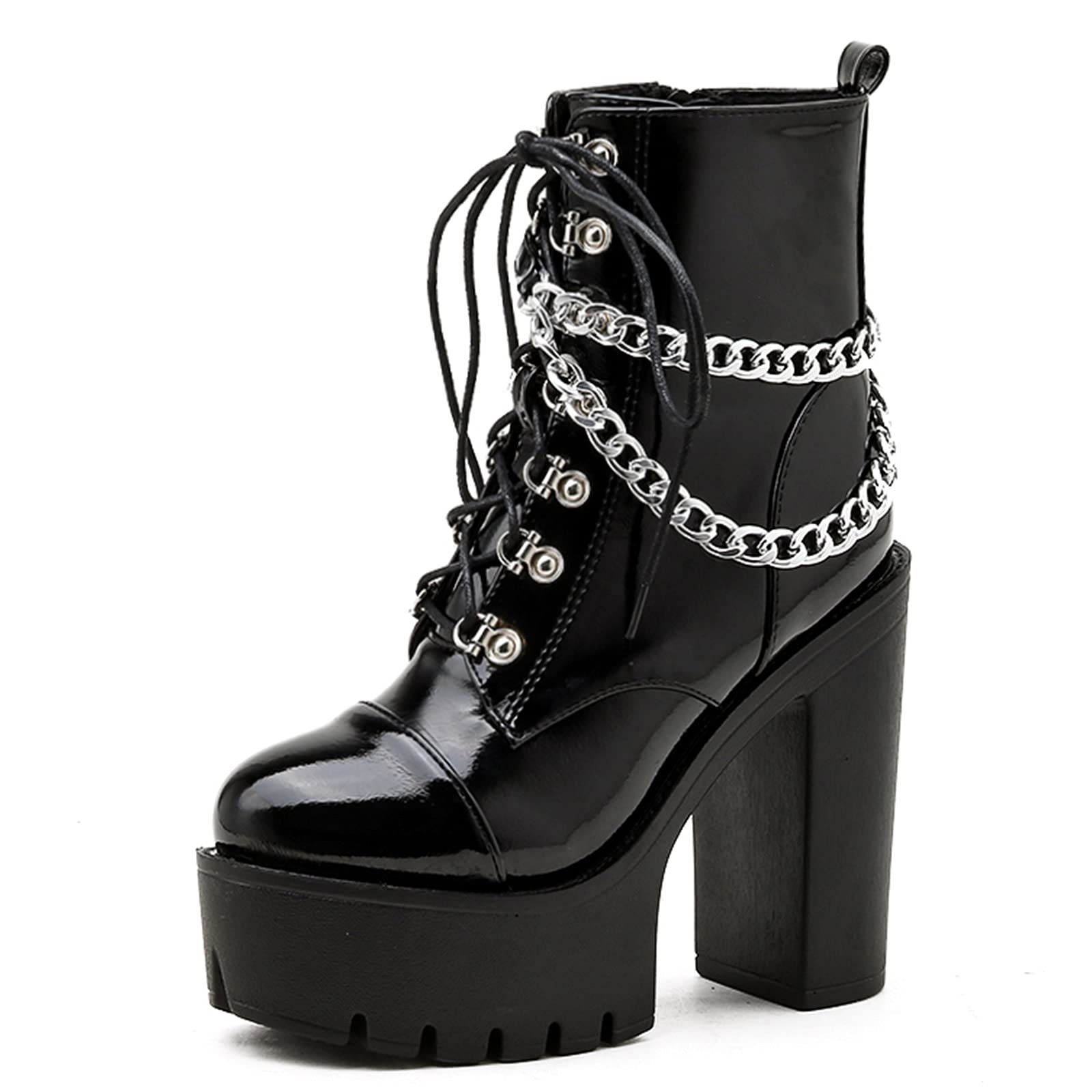 SaraIris Women's Punk Goth Boots - Chunky High Heel Lace-Up Platform Boots with Chains, Waterproof Black Motorcycle Boots for Women | Perfect for Gothic Fashion, Night Out, Concerts & Motorcycle Riding