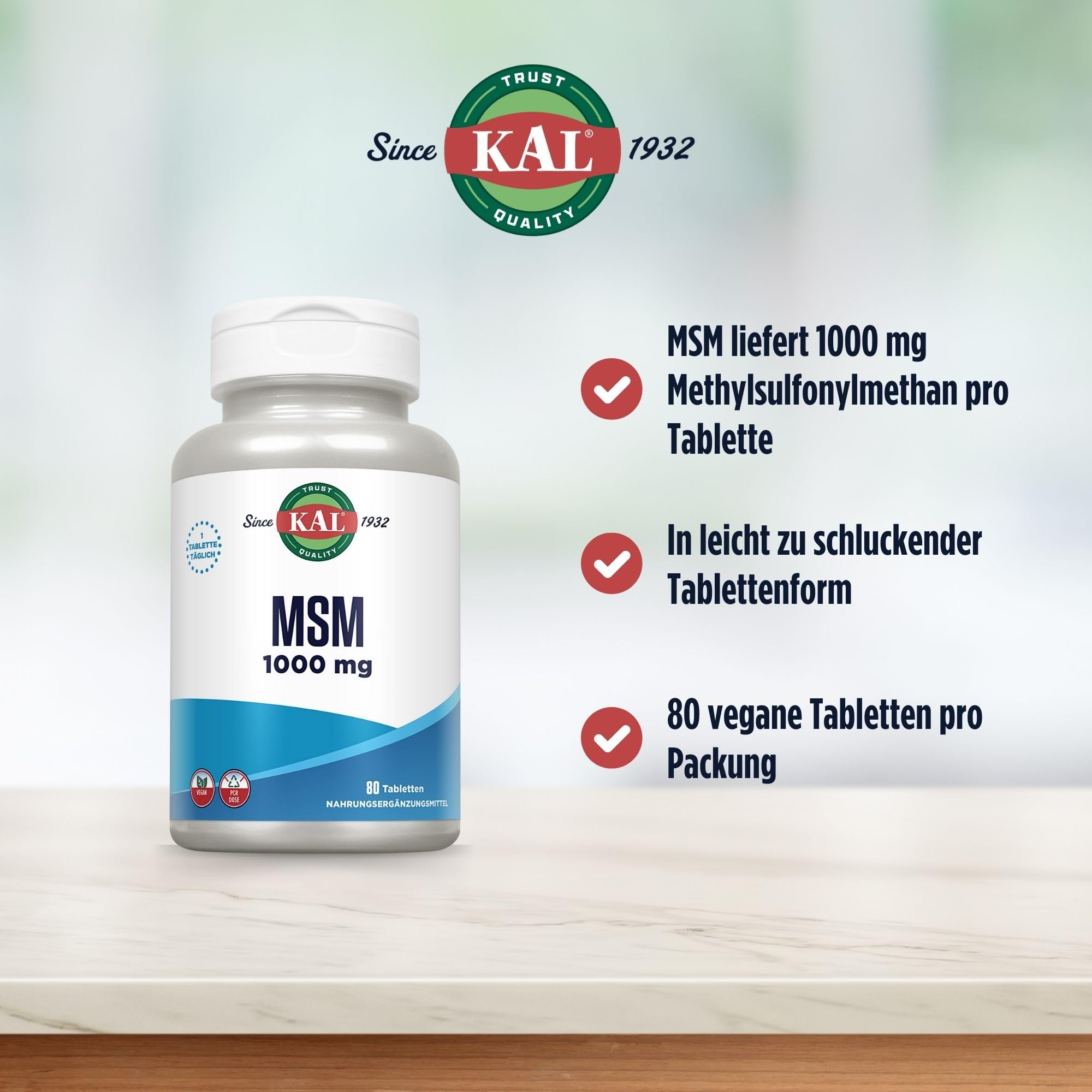 KAL 1000mg MSM Supplement Tablets - 80 Count for Joint Support & Muscle Recovery | Glucosamine Alternative for Athletes & Active Lifestyles