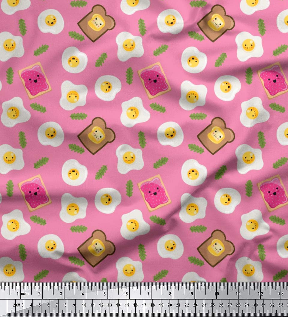 Soimoi 42 Inch Wide Pink Silk Fabric - Omlet & Bread Slice Food Printed Craft Fabric by The Yard for DIY Sewing, Quilting, and Home Decor Projects