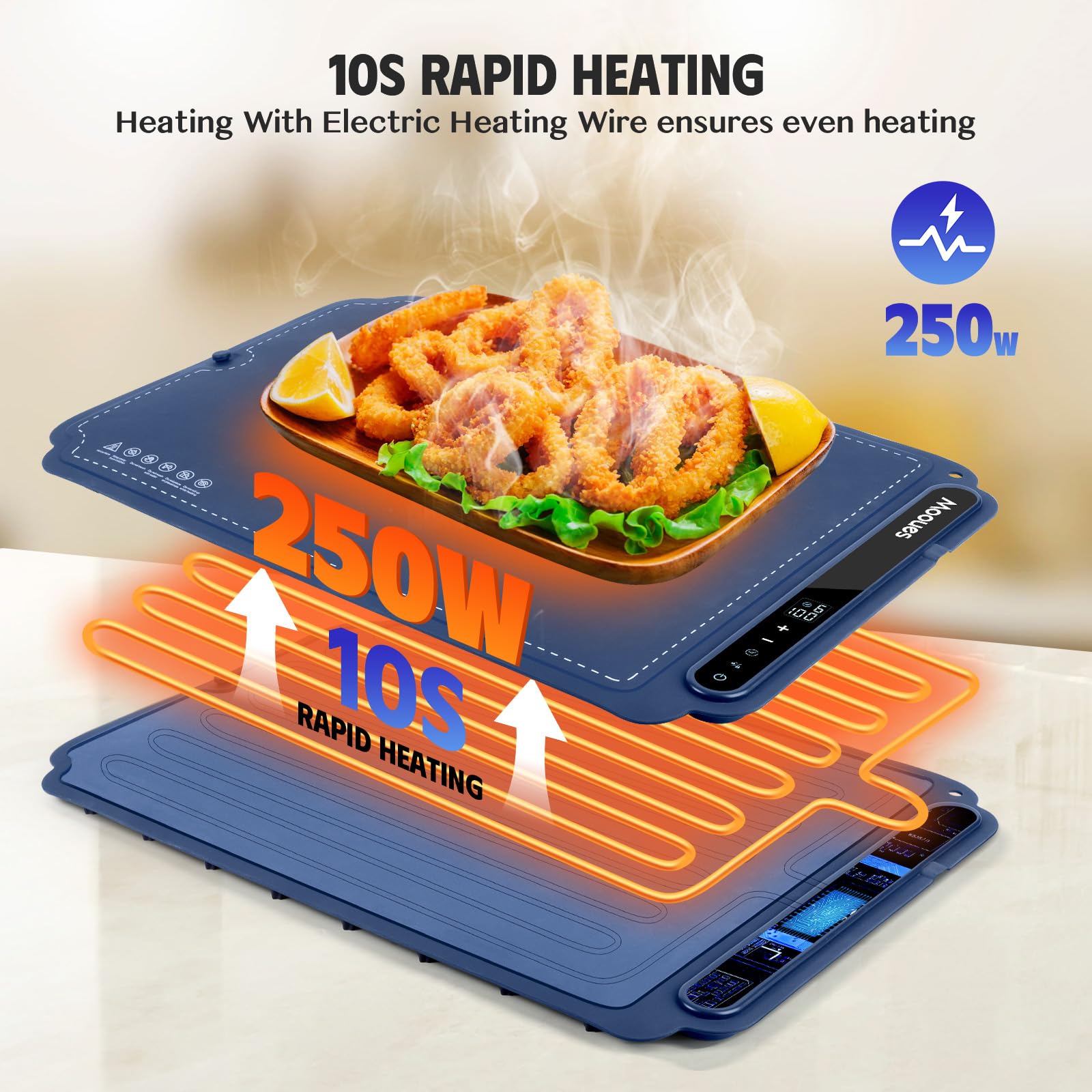 Electric Warming Tray - Portable Silicone Food Warmer Mat with 7 Temperature Levels & 6H Timer | Full Surface Heating for Home, Parties, Buffets | Perfect for Keeping Meals Warm at Dinner & Events (Blue)