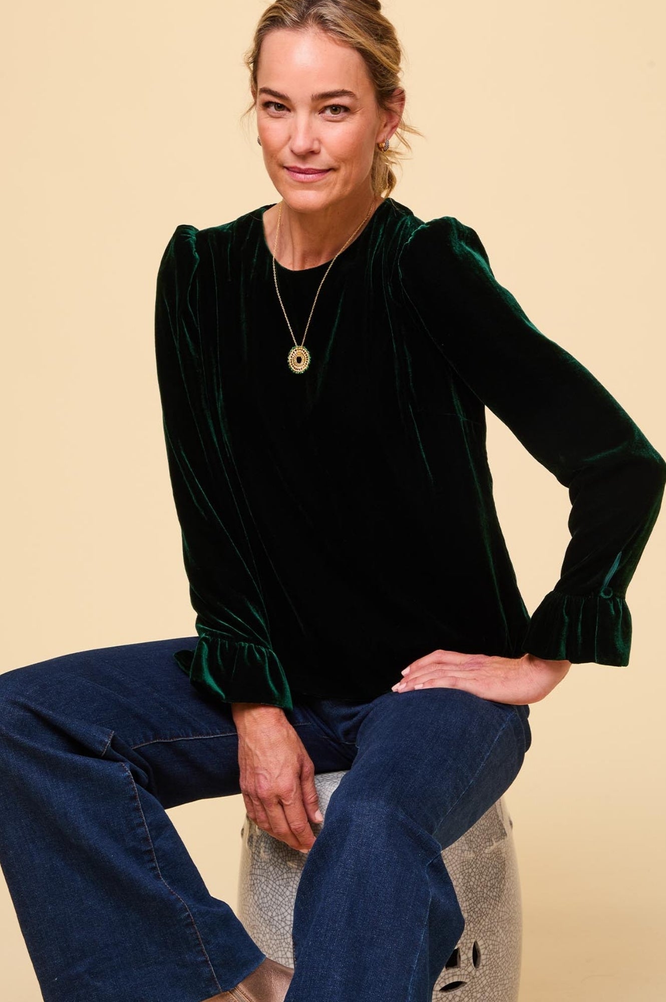 Victoria Velvet Women's Blouse - Elegant Emerald Green Long Sleeve Top for Party, Dinner & Office Wear | Soft Stretch Fabric & Comfort Fit
