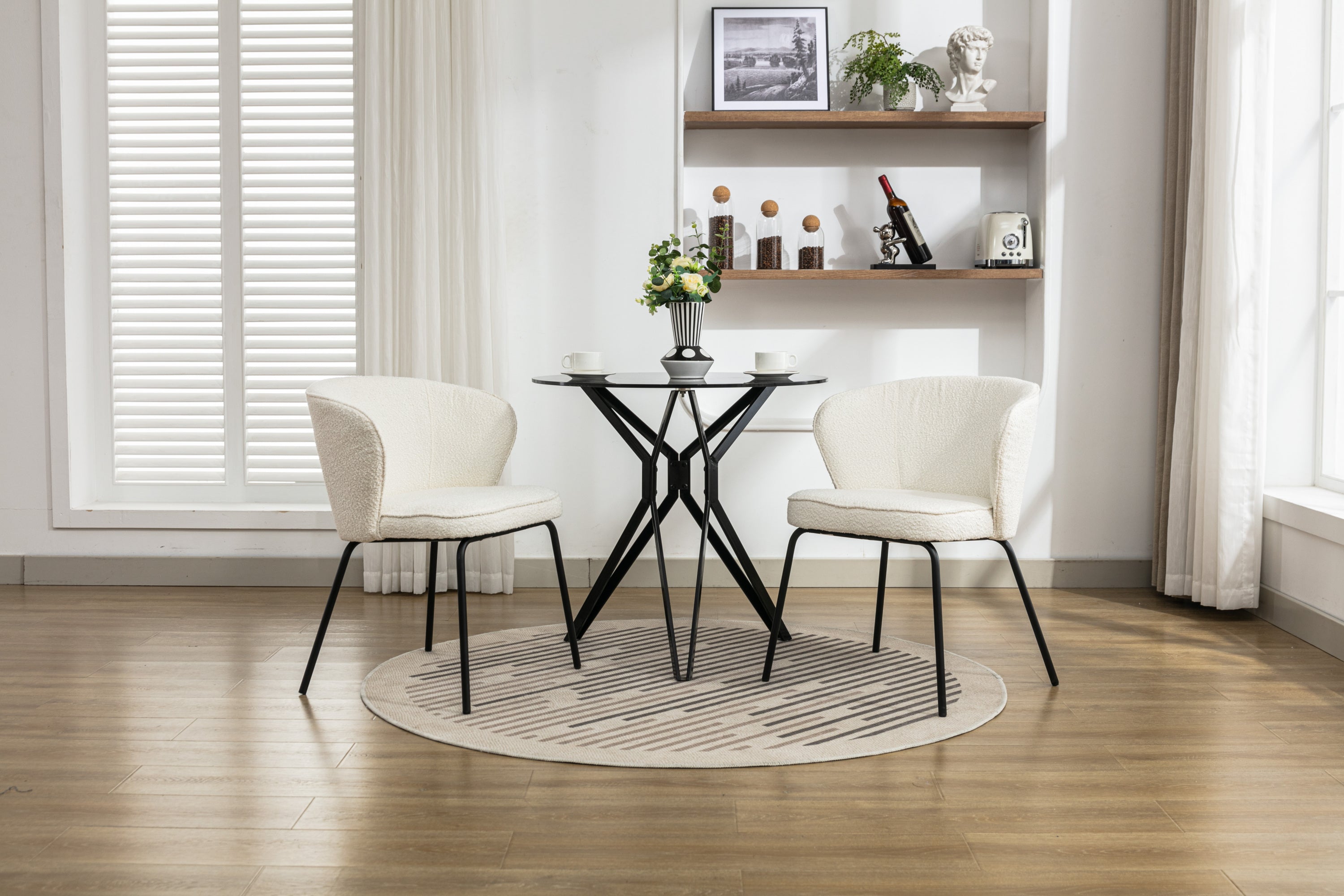 Set of 2 Modern Boucle Fabric Dining Chairs with Black Metal Legs in Ivory - Comfortable Upholstered Side Chairs for Kitchen, Dining Room, and Office Use