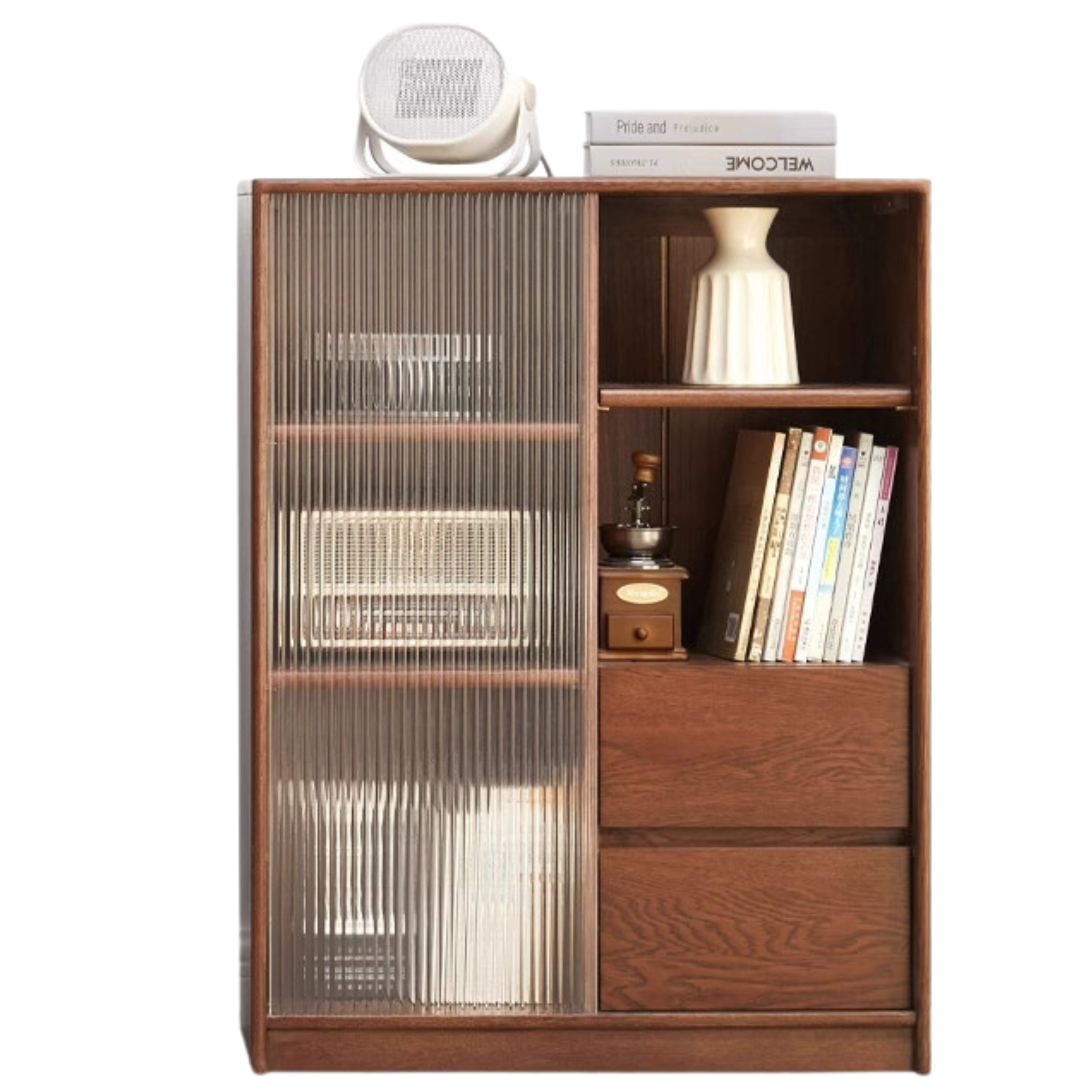 Solid Oak Wood Side Cabinet with Glass Door - Small Bookcase for Living Room, Bedroom & Office Storage