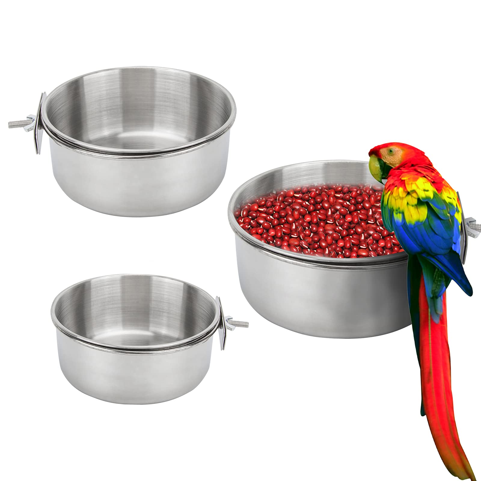 3 Pack Stainless Steel Bird Feeding Dish Cups with Clamp Holder - Parrot Food Bowl & Water Feeder for Cockatiel, Conure, Budgies, Parakeet, Macaw, Finches, Lovebirds - Perfect for Birdcage, Coop & Small Animal Cages