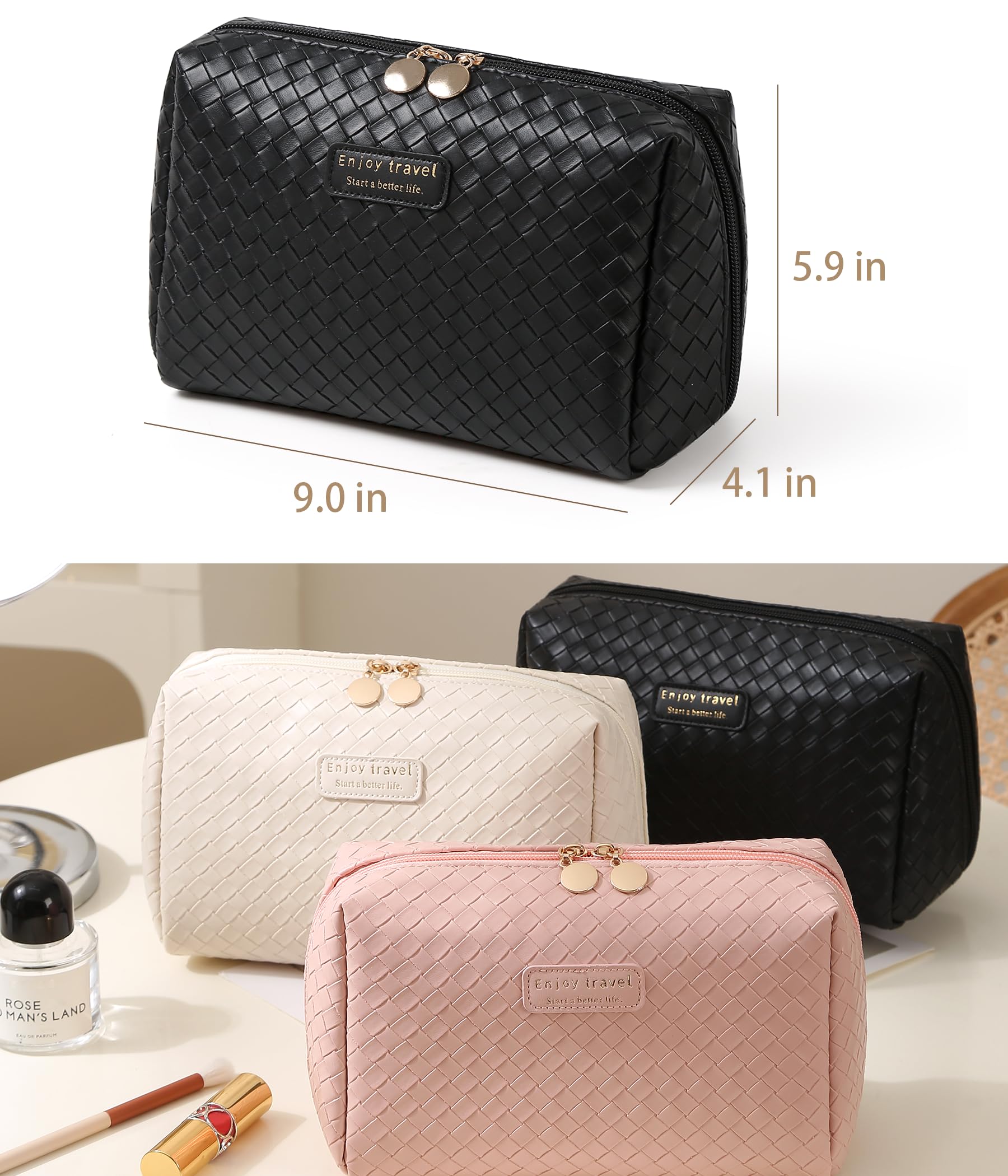 Waterproof Travel Makeup Bag for Women - Small Cosmetic Organizer with Dividers & Zipper - Black Toiletry Bag for Airplane, Gym, Vacation Essentials