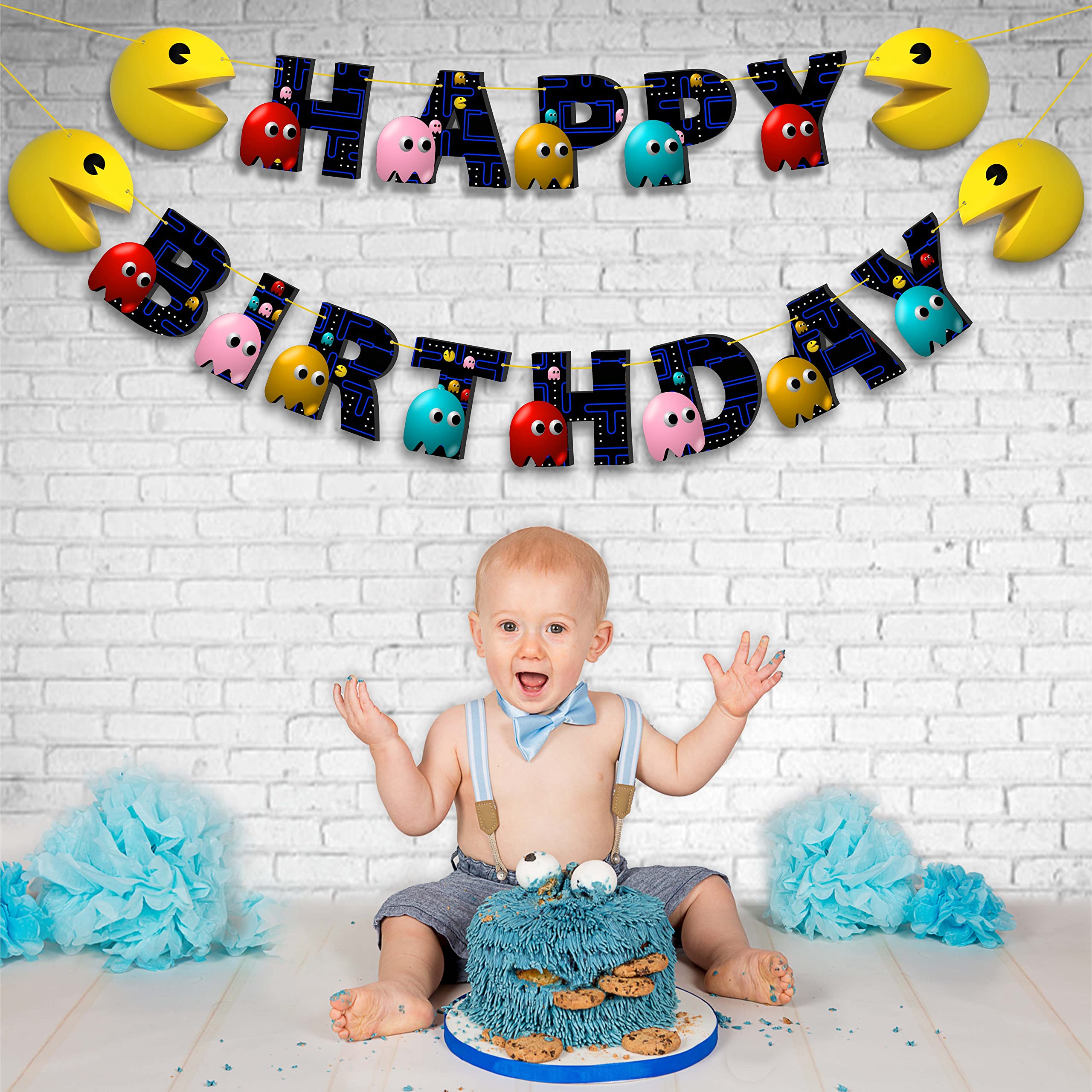 Pacmn Ghost Happy Birthday Banner - Halloween Birthday Party Decorations for Kids & Adults - Perfect for Indoor & Outdoor Celebrations