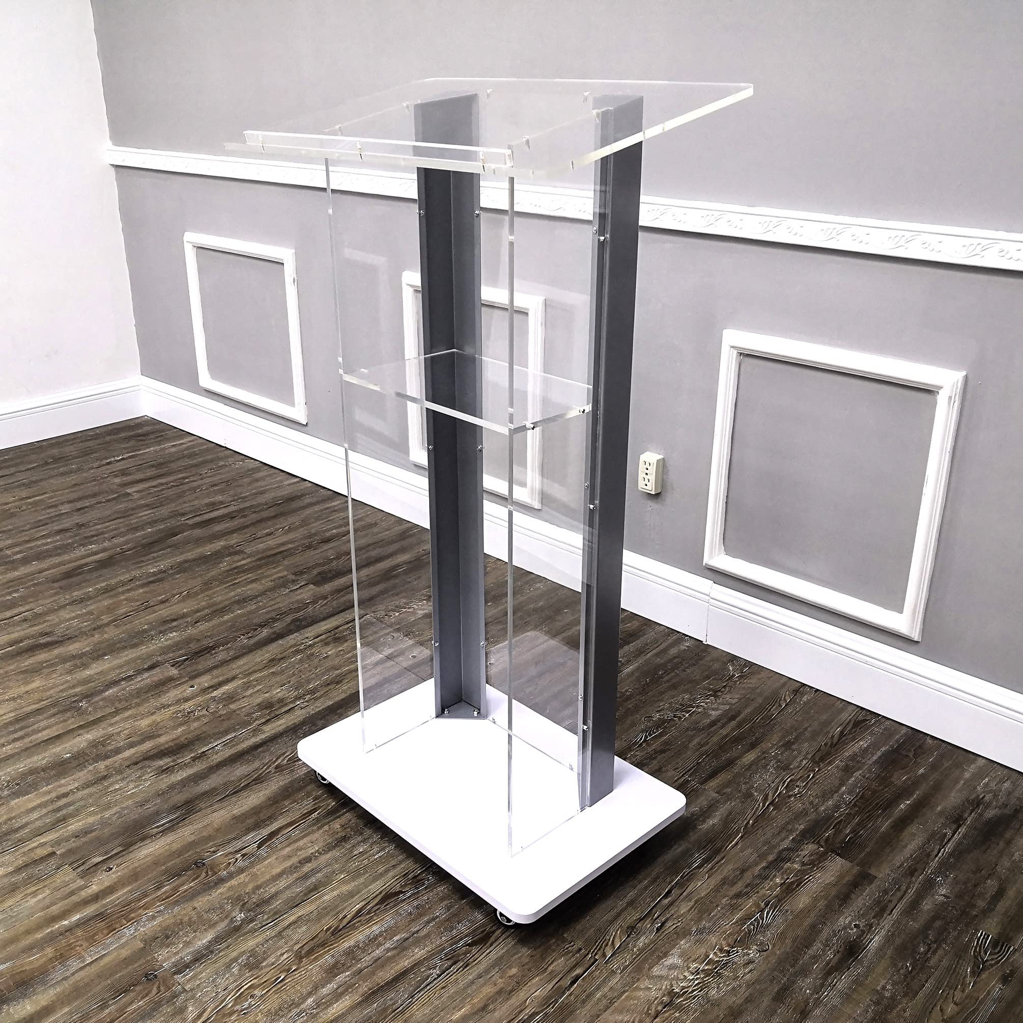 FixtureDisplays® Clear Acrylic Plexiglass Podium with Steel Sides - Church Pulpit, School Lectern, Debate Stand, Funeral Home & Conference Speaker Platform (Model 14306) - Perfect for Religious Services, Academic Presentations & Professional Events