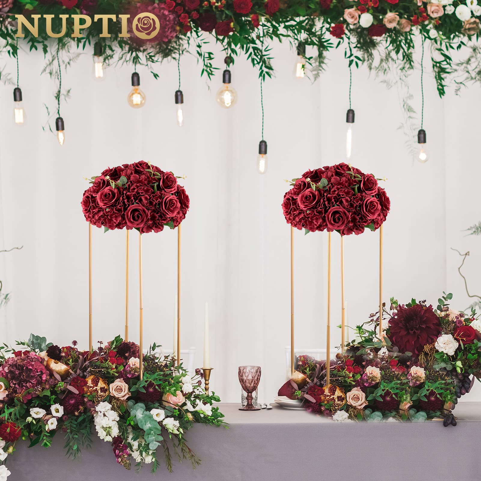 NUPTIO 10-Pack Burgundy Artificial Silk Rose Flower Balls - 14.2 Inch Diameter Wedding Centerpieces for Tables, Reception, Birthday Party Decorations - Elegant Home & Event Floral Arrangements