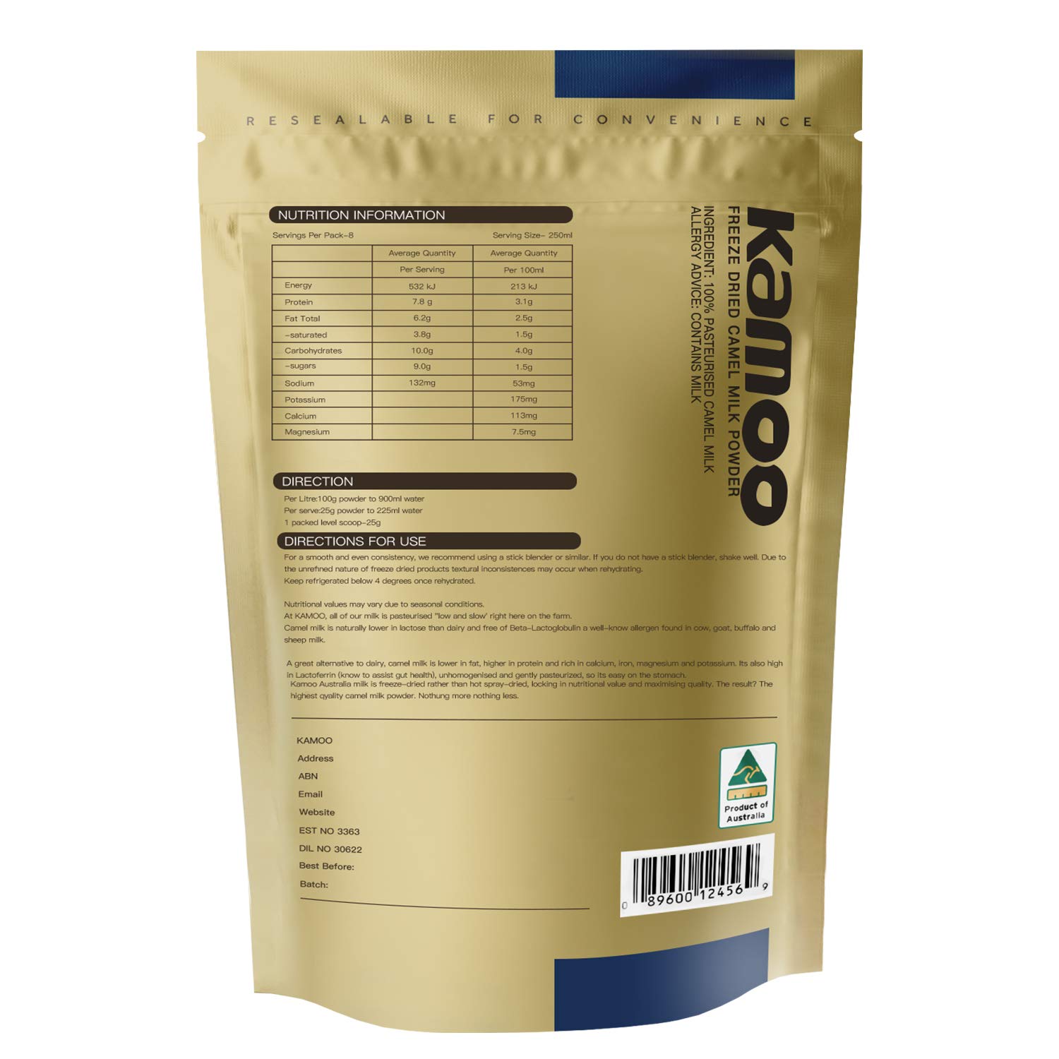 KAMOO 100% Natural Freeze Dried Camel Milk Powder 200g - Unhomogenized, Imported from Australia | Perfect for Smoothies, Baking & Immune Support