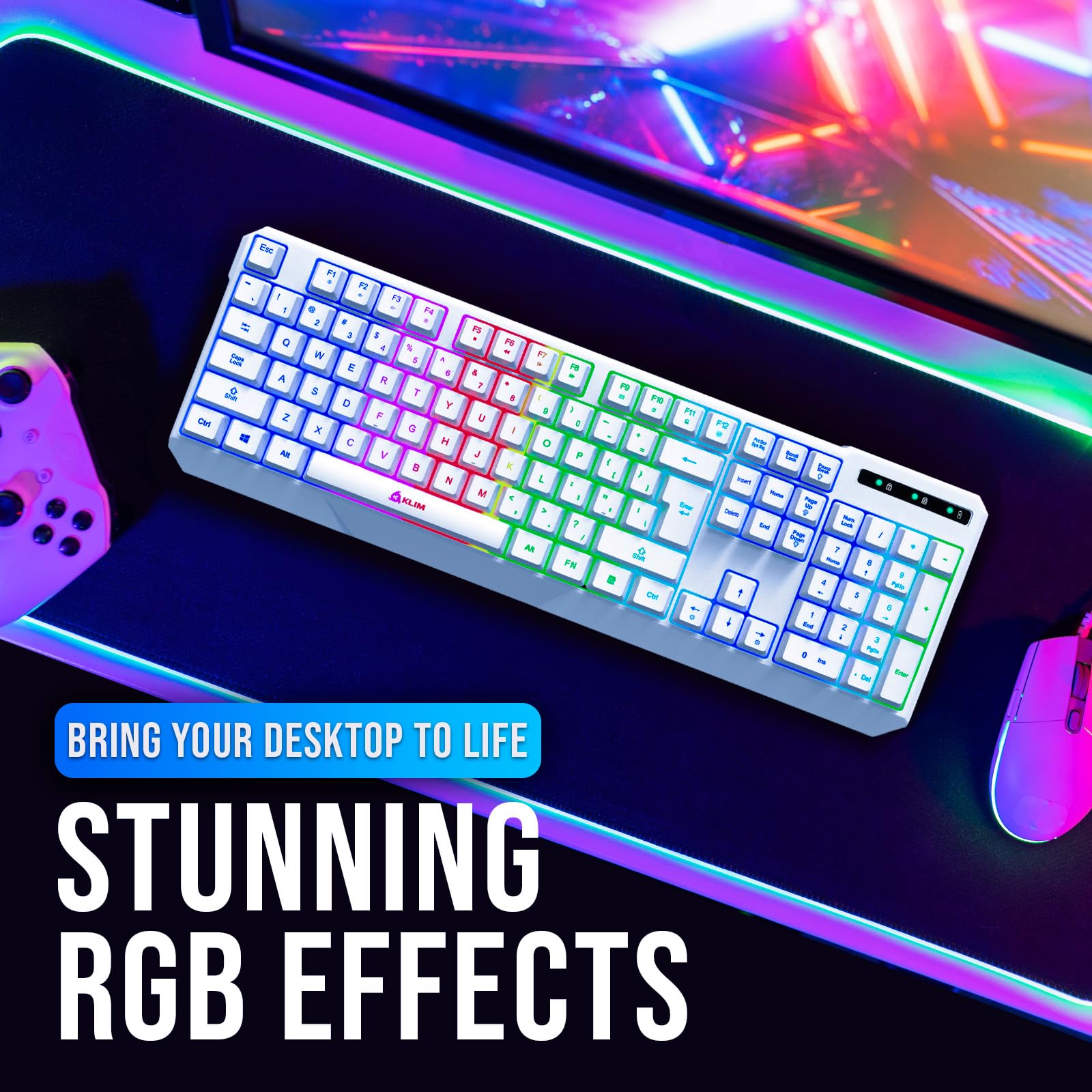KLIM Chroma Wireless RGB Gaming Keyboard - 2024 New Model with Rechargeable Battery, Quiet Typing & Water Resistant Backlit Design - Compatible with PC, PS5, PS4, Xbox One & Mac - Perfect for Gaming, Office Work & Late-Night Typing