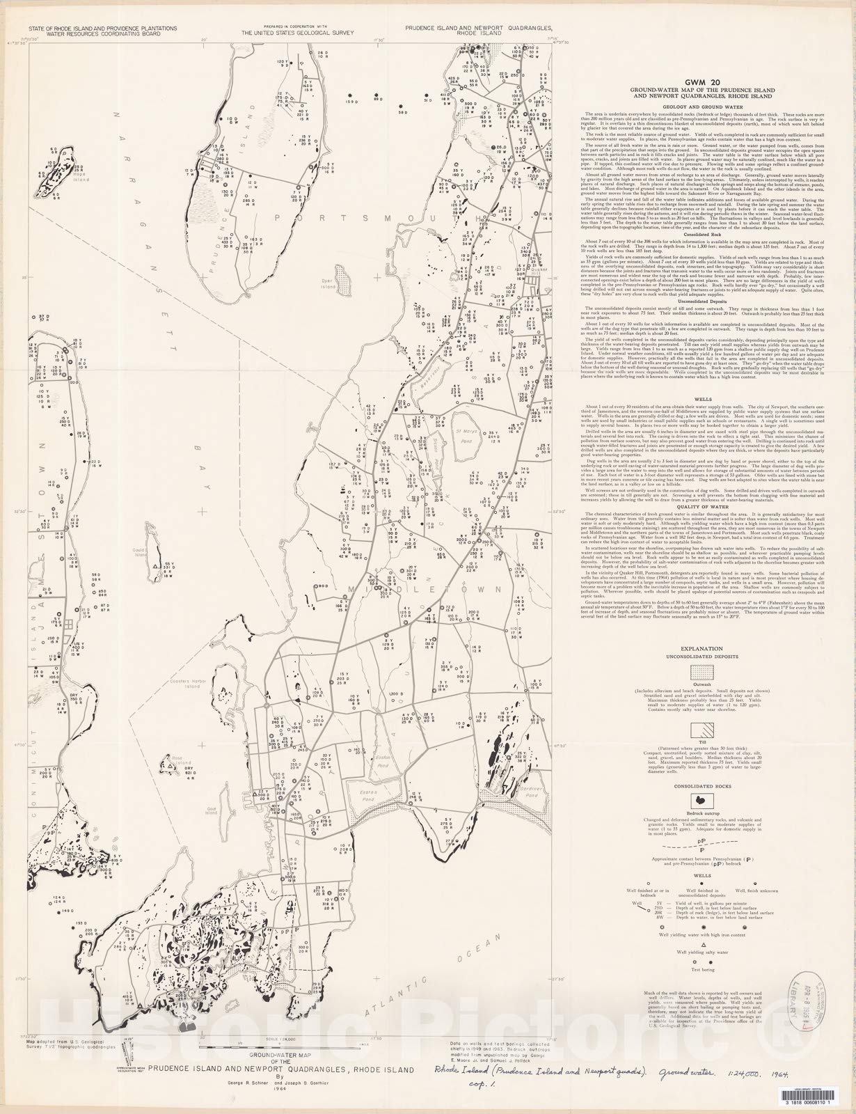 Vintage 1964 Ground-Water Map of Prudence Island & Newport, Rhode Island - 18x24 Inch Wall Art Decor for Home, Office & Classroom | Historic Cartography Poster