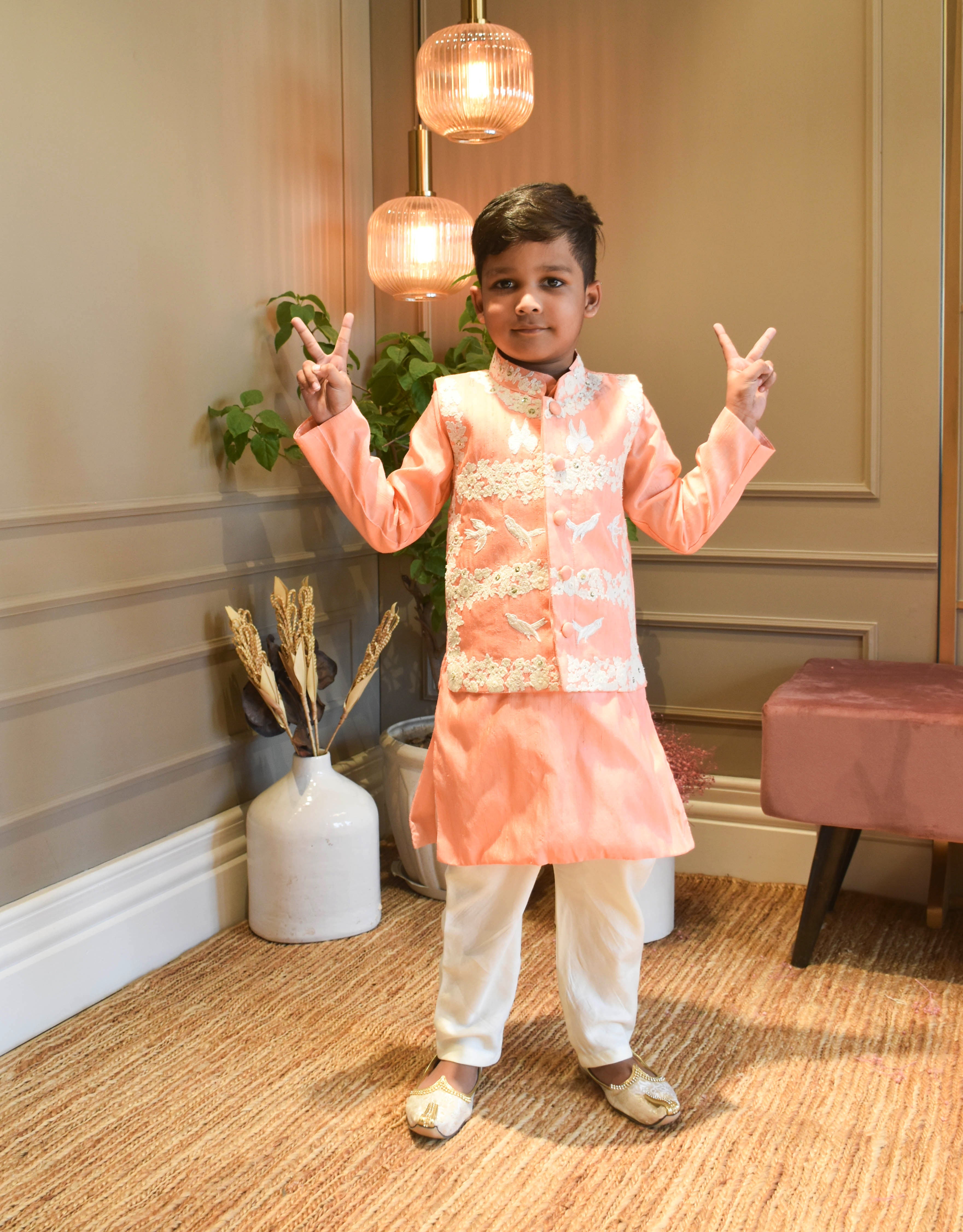 Peach Silk Kurta Jacket and Churidar Set - Elegant Indian Ethnic Wear for Women | Perfect for Festivals, Weddings & Special Occasions