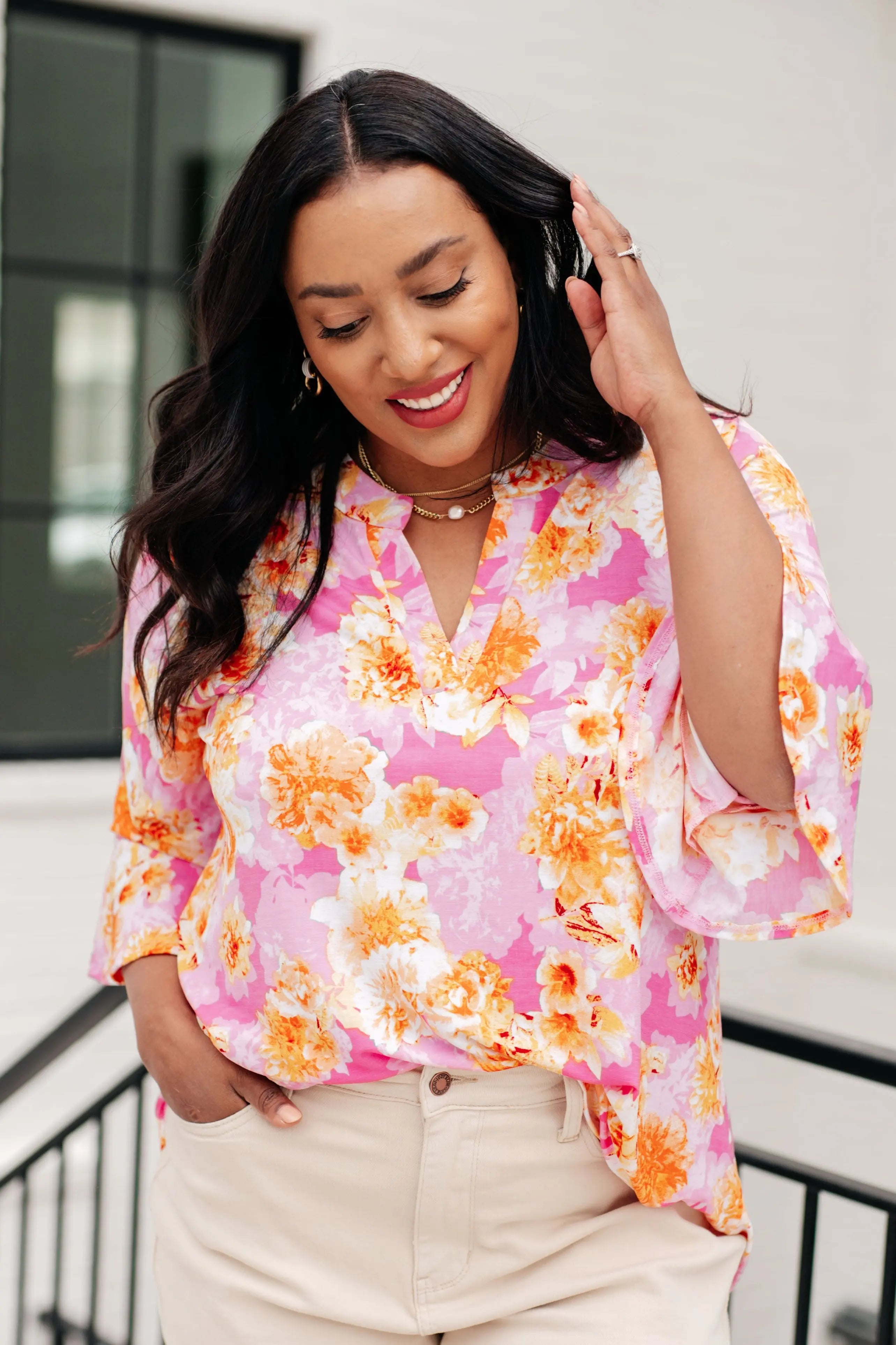 Lizzy Bell Sleeve Blouse - Pink & Gold Floral Print Women's Tops for Casual Wear, Office, and Date Night Outfits