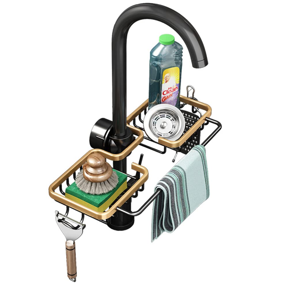 WINGSIGHT Over the Sink Faucet Sponge Holder & Dishcloth Rack - Double Kitchen Sink Organizer, Golden - Perfect for Small Kitchen Spaces & Clutter-Free Sink Areas