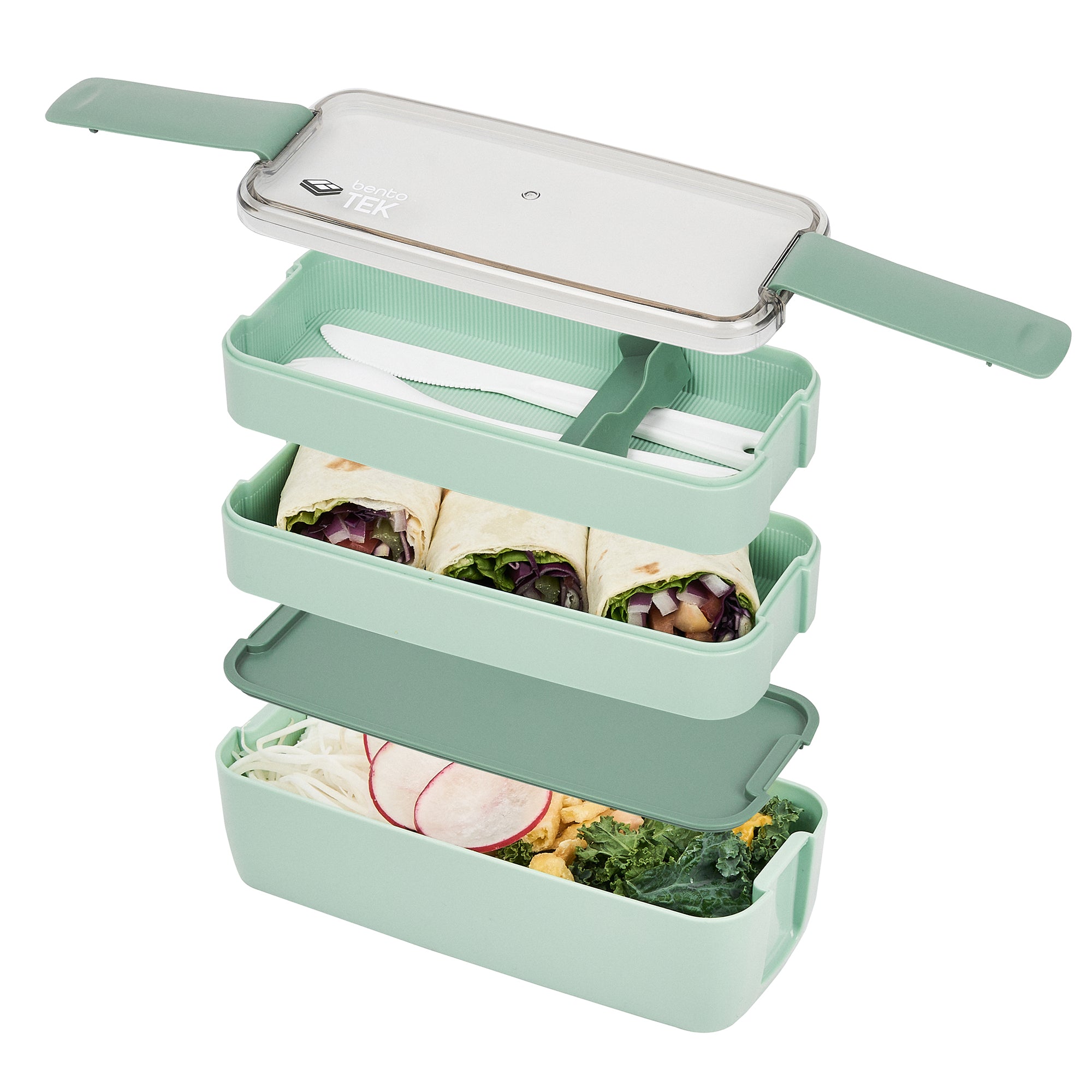 Bento Tek 30 oz Green 3-in-1 BPA Free Lunch Box with Fork & Knife - Microwave Safe Food Container (7.5