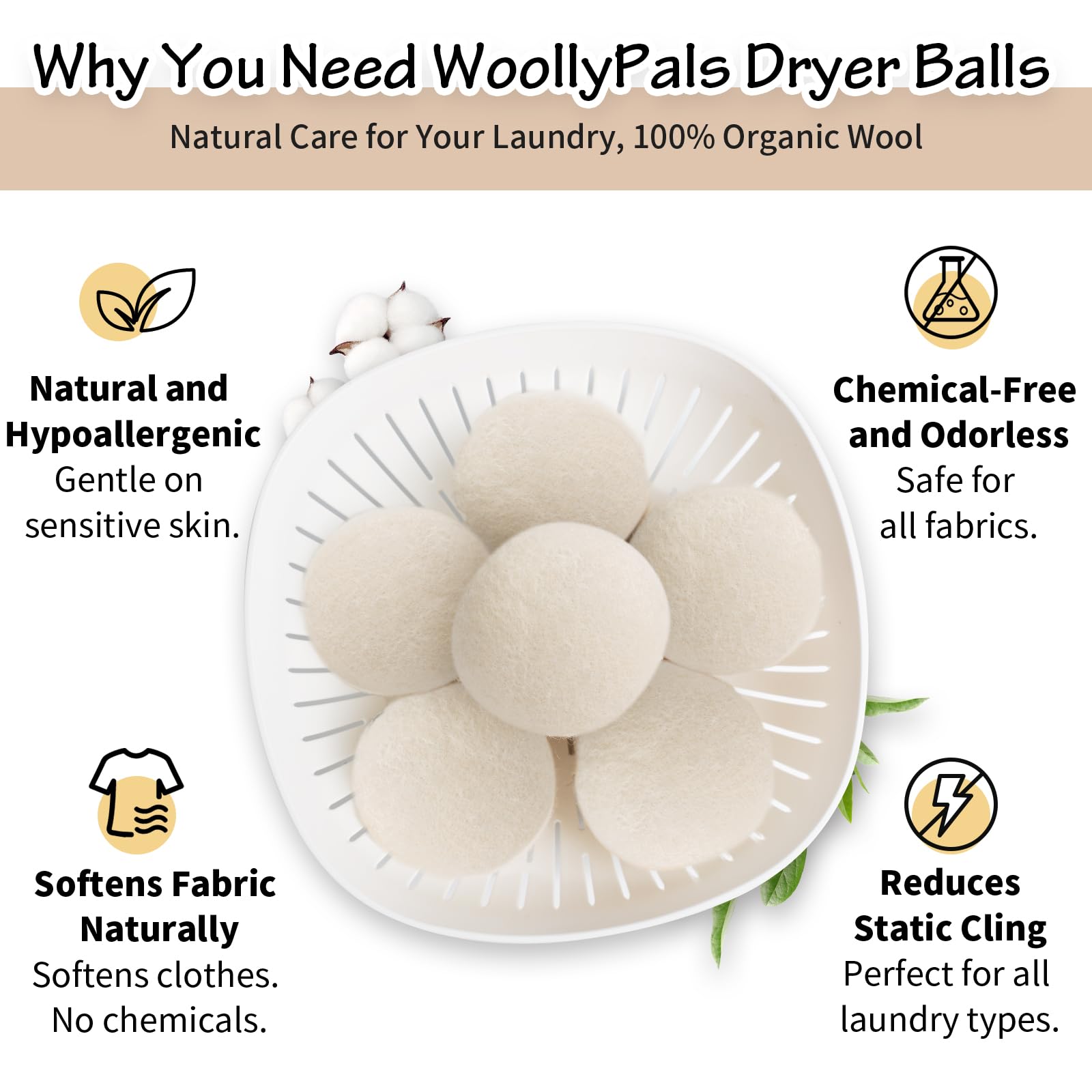WoollyPals 100% New Zealand Wool Dryer Balls (6-Pack, XL Size) - Eco-Friendly Reusable Laundry Softener - Reduce Drying Time & Static Cling - Includes Storage Bag (Plain White) - Perfect for Organic Cotton, Baby Clothes & Sustainable Homes
