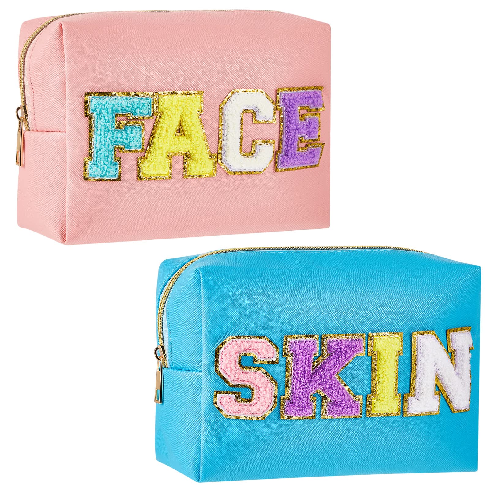 2 Pack Preppy Patch Makeup Bags - PU Leather Waterproof Cosmetic & Toiletry Organizer Pouch for Women & Girls (Blue & Pink) | Travel, Gym, School Essentials | Fashionable Face & Skin Care Accessories