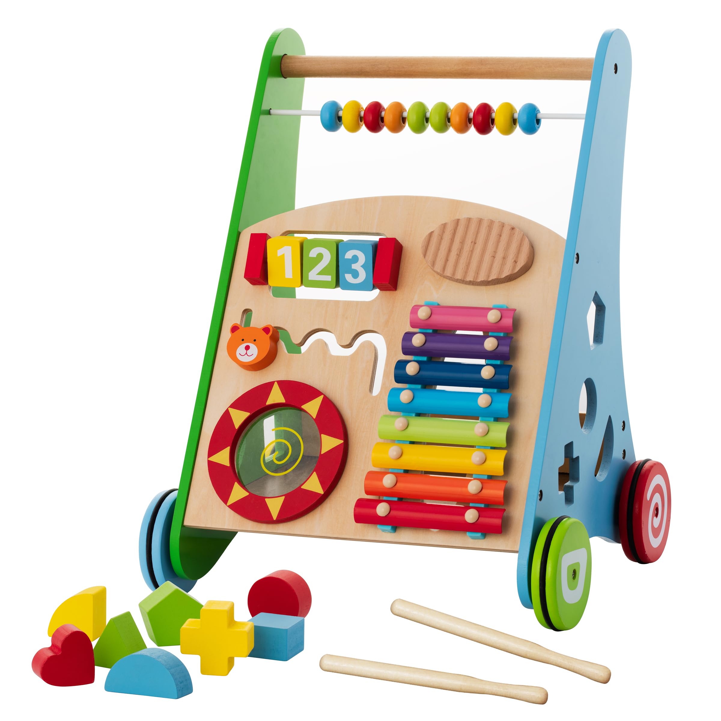 KIDDERY TOYS Wooden Baby Walker with Activity Center - Adjustable Speed Montessori Push Walker Toy for Toddler Boys & Girls - Wheels for Kids Development - Perfect for Playtime, Learning & Early Walking Support