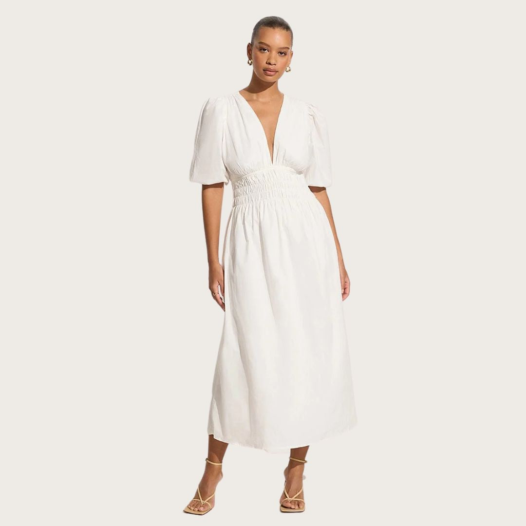 Agnata Women's Midi Dress - Flowy Summer White Dress for Casual Wear, Office & Party | Elegant A-Line Dress with Short Sleeves