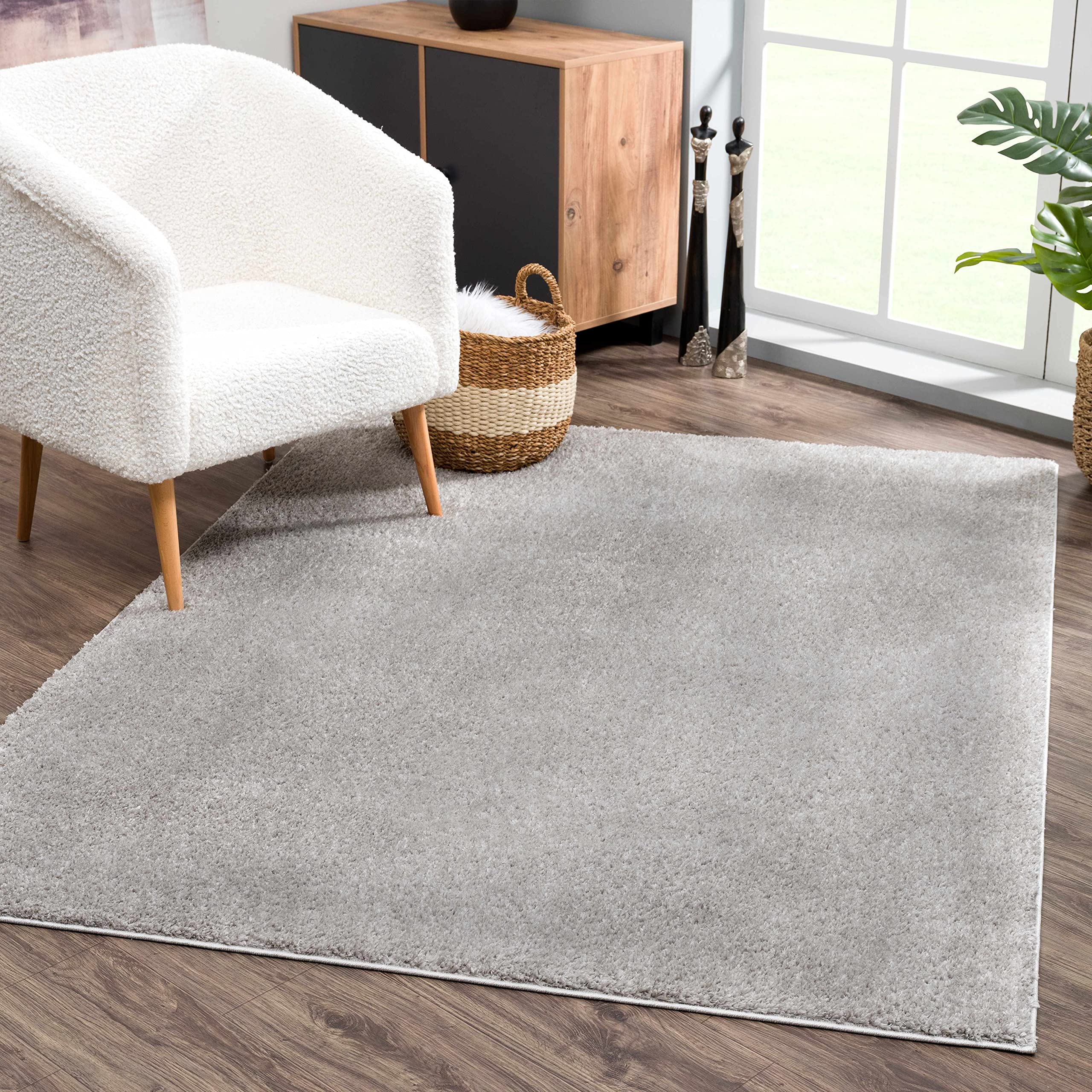 Judy Machine Washable Solid Shag Rug - Soft Fluffy Plush High Pile Area Carpet for Living Room & Bedroom - Light Grey, 5'3