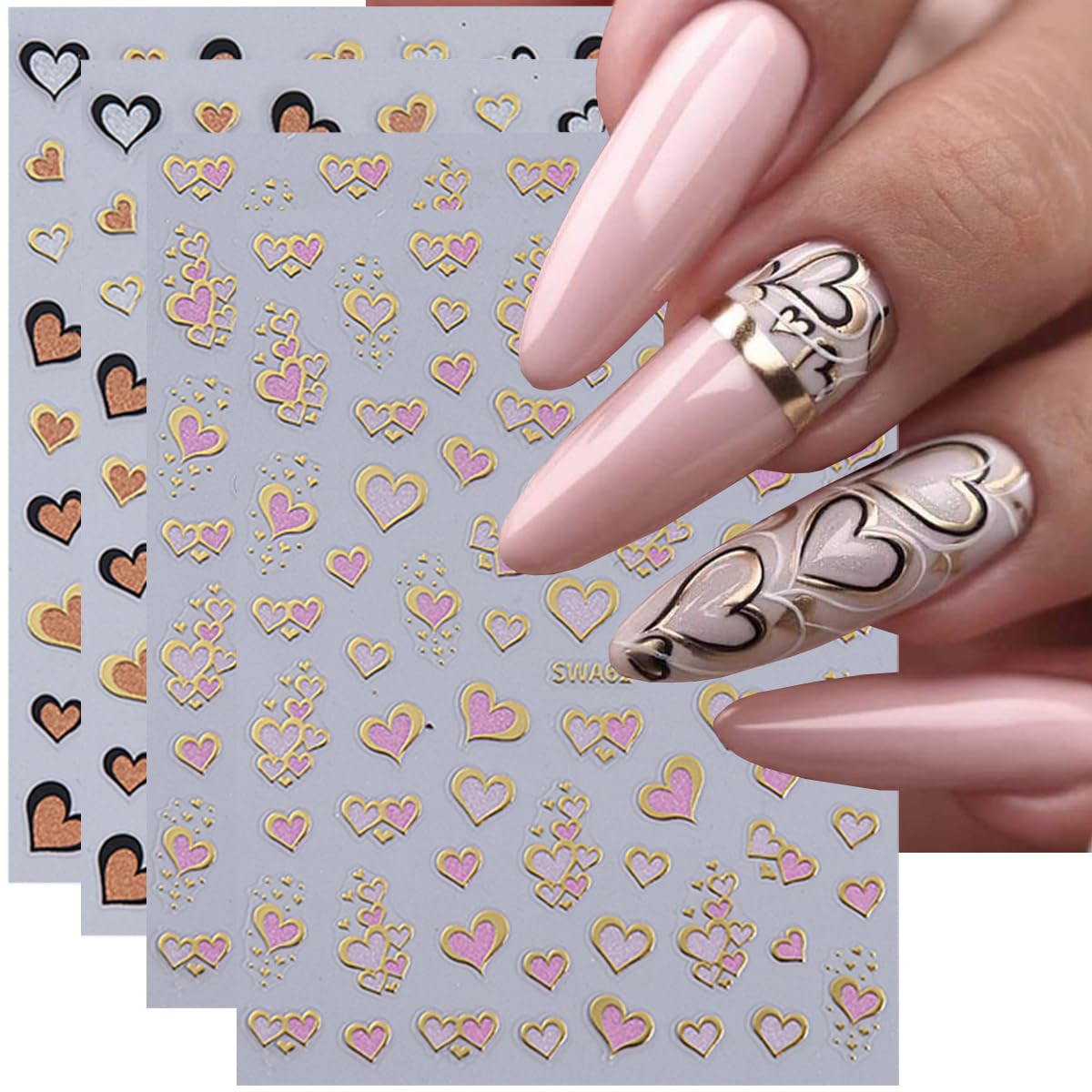 Valentine's Day Heart Nail Art Stickers - 6PCS Glitter 3D Self-Adhesive Manicure Decals with Gold Edge for Women | Perfect for Valentine's Nail Decor, Date Night, Bridal Party & Special Occasions