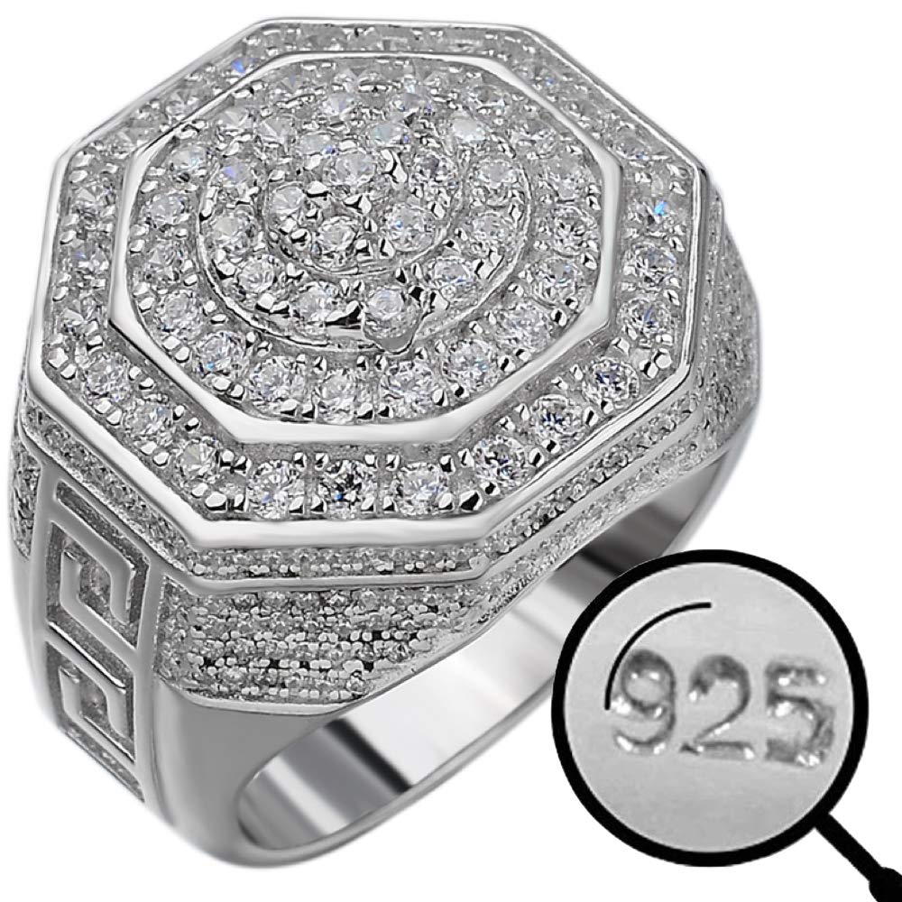 HarlemBling Solid 925 Sterling Silver Men's Iced Hip Hop Ring - Octagonal Cluster Flooded Out Design - 18mm Wide Statement Jewelry for Men - Perfect for Rappers, Streetwear Fashion & Gift Giving