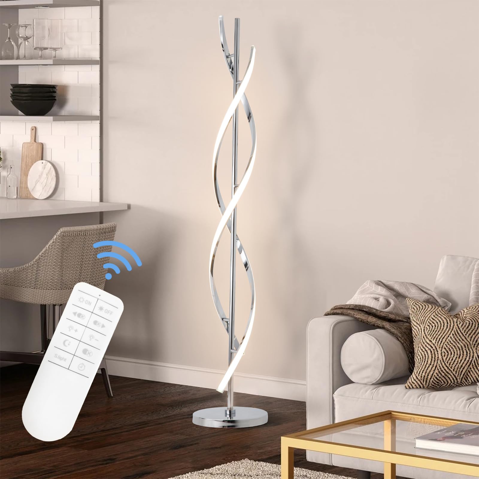 ADISUN 40W LED Modern Spiral Floor Lamp with Remote Control, Dimmable Tall Standing Light for Living Room, Bedroom, Office - Silver | Perfect for Reading, Relaxing & Ambient Lighting