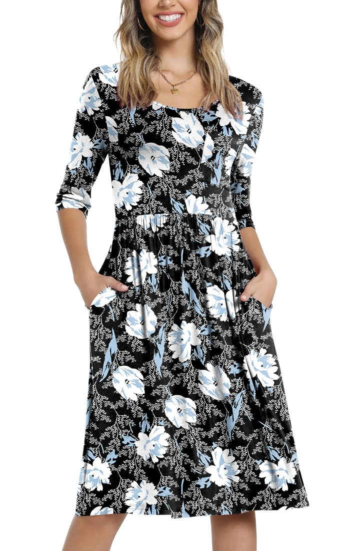 CATHY Women's 3/4 Sleeve High Waist Midi Dress with Pockets - Casual Round Neck Flowy Dress for Spring/Summer 2025 | Perfect for Office, Date Night & Brunch