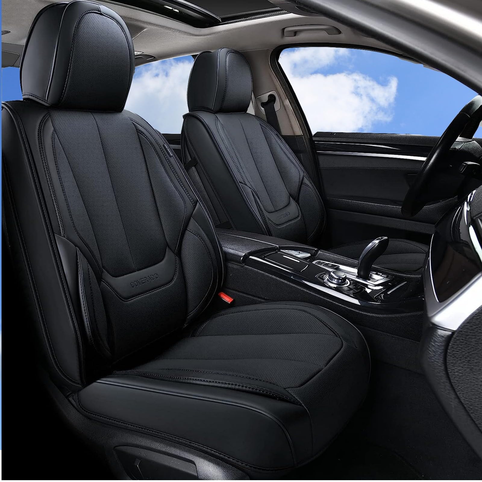 Coverado Universal Front Seat Covers - 2-Piece Waterproof Nappa Leather Car Seat Protectors for Sedans, SUVs & Trucks | Black Auto Accessories for Comfort & Style | Perfect for Daily Commute, Road Trips & Work Vehicles
