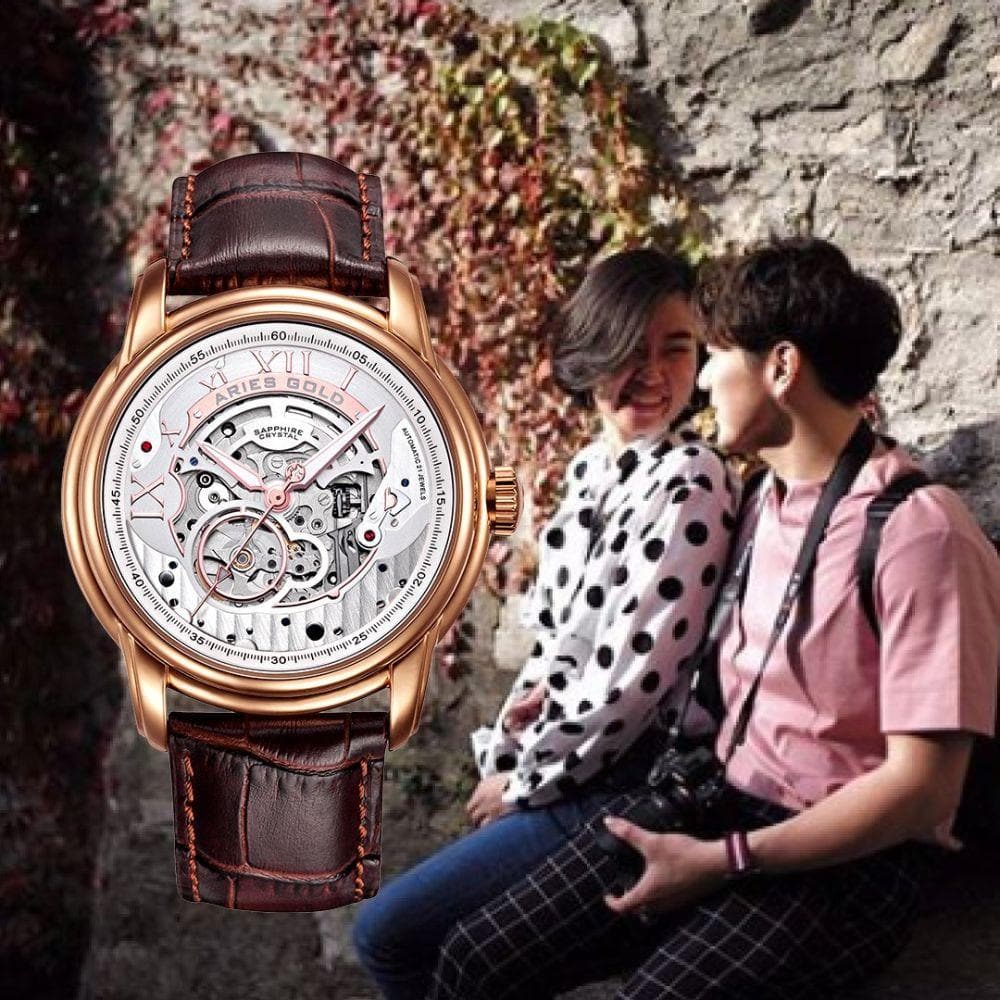 ARIES GOLD INFINUM EL TORO Rose Gold Men's Watch with Genuine Brown Leather Strap - Luxury Dress Watch for Business, Formal Occasions & Gifts