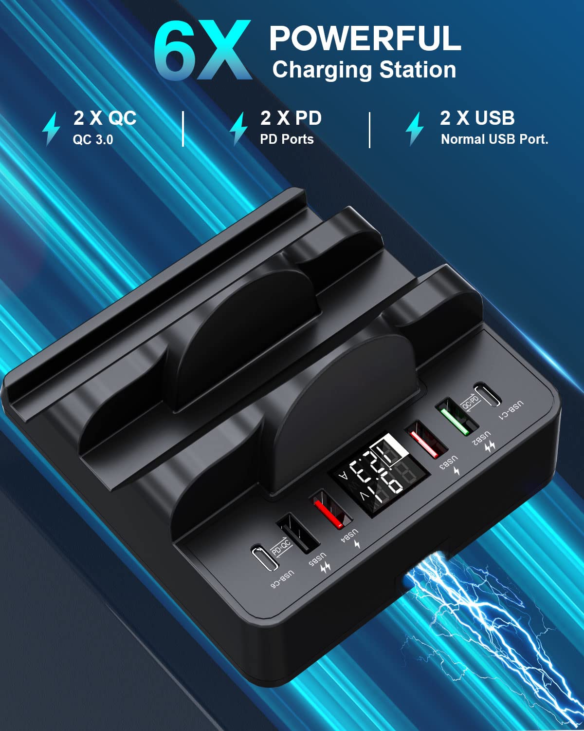 6-in-1 Wireless Charging Station with 15W Fast Charging - 2 QC & 2 PD USB Ports, 80W Multi-Device Charger for iPhone 14/13/12/11/X, Samsung Galaxy, Android Phones & Apple Watch - Perfect for Home, Office & Travel Charging Needs