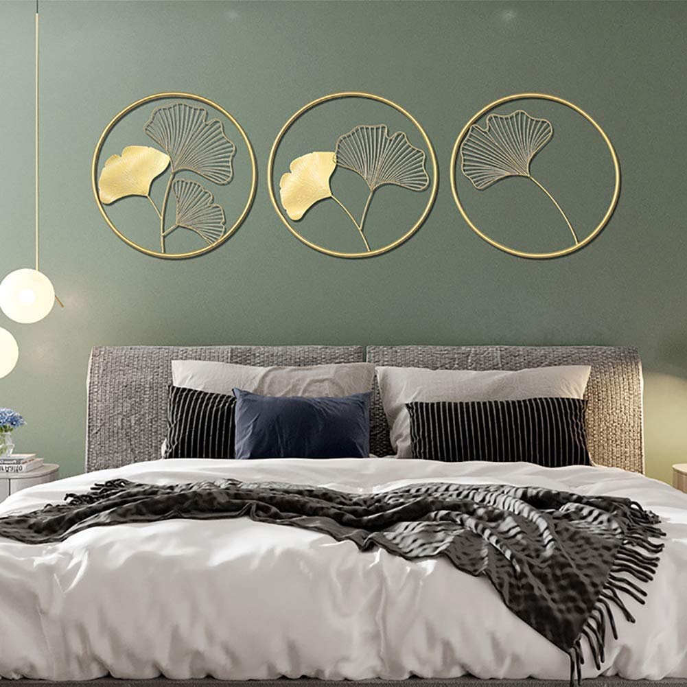 3-Piece Golden Ginkgo Leaf Metal Wall Art Decor - Round Hanging Pendant for Bedroom, Hotel, Living Room & Home Decoration | Elegant Wall Ornaments for Modern Interior Design