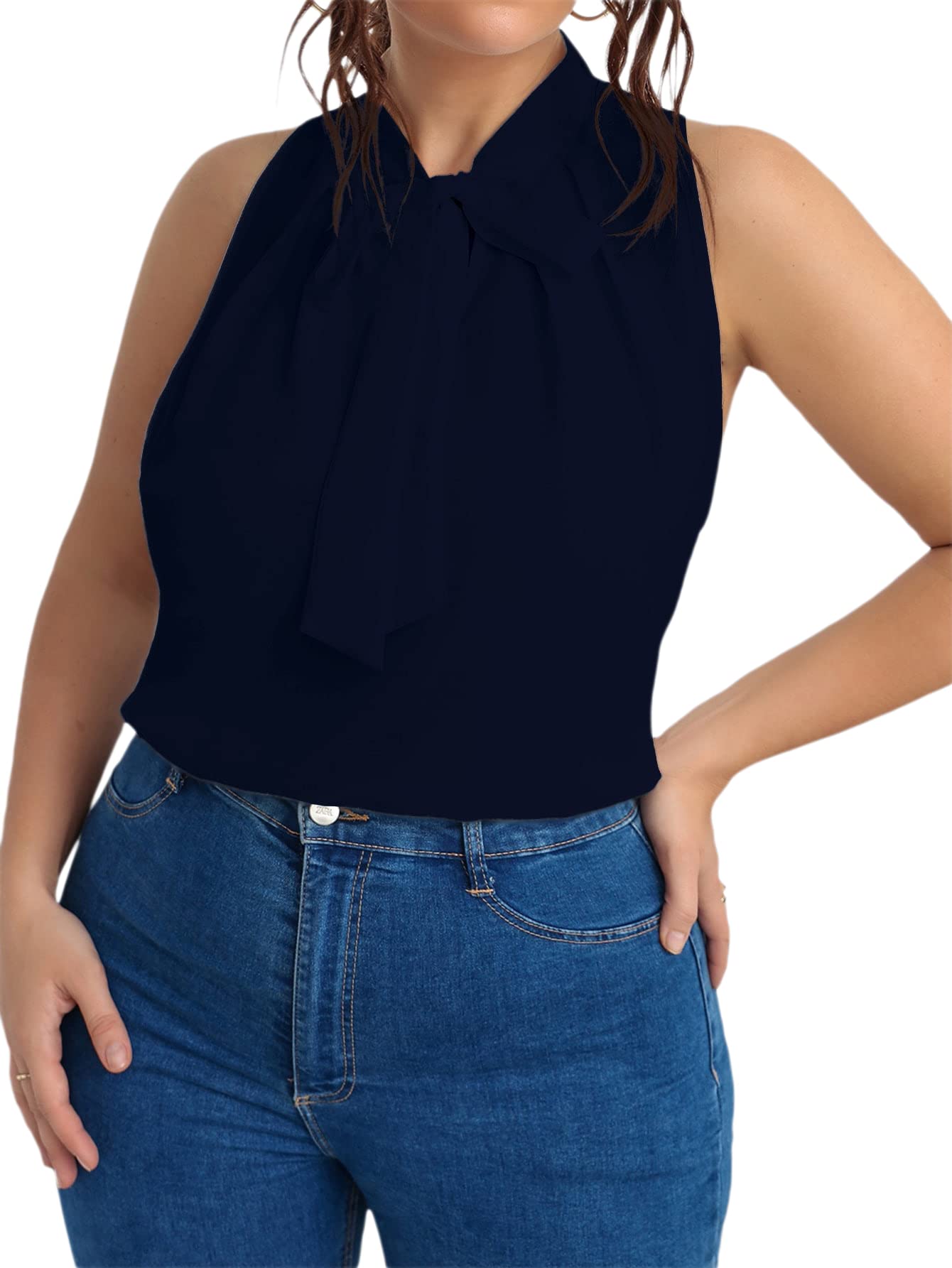 WDIRARA Women's Plus Size Sleeveless Tie Neck Blouse - Elegant Casual Tops for Work & Office Wear | Summer Flowy Shirt for Curvy Women | Perfect for Business Meetings, Date Nights & Special Occasions