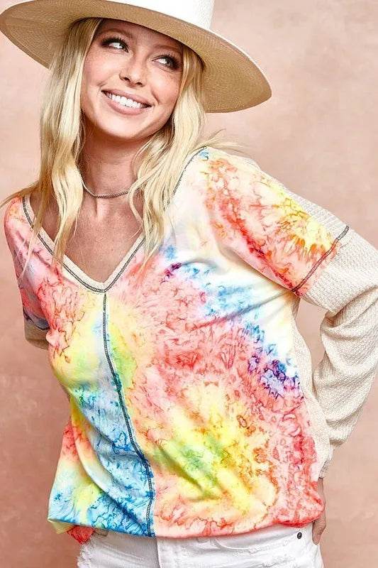 BiBi Print Block V Neck Top with Contrast Stitching - Stylish Women's Casual Blouse for Work, Date Night & Summer Outfits