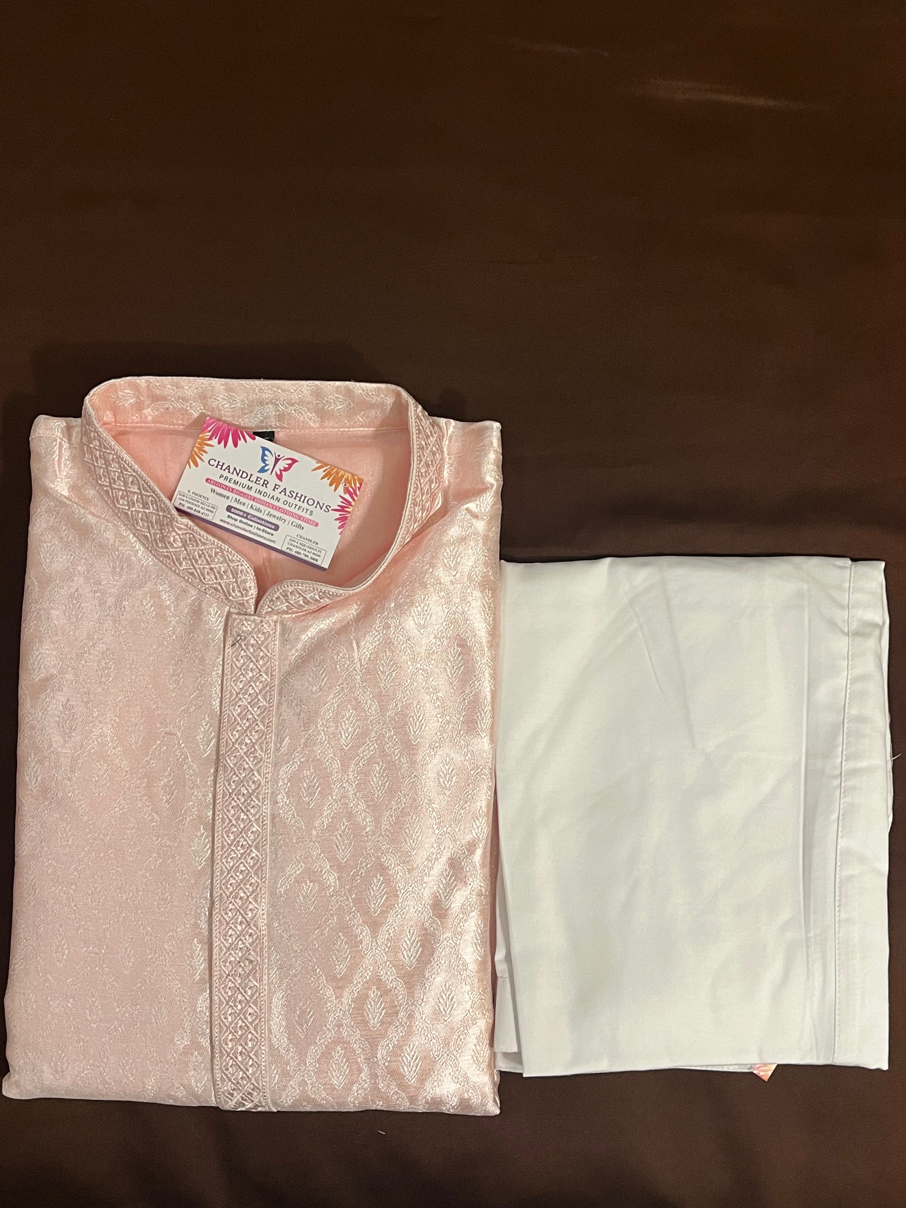 Elegant Light Pink Men's Kurta Pajama Set with Full Sleeve Embroidery Work - Traditional Indian Ethnic Wear for Weddings, Festivals & Special Occasions