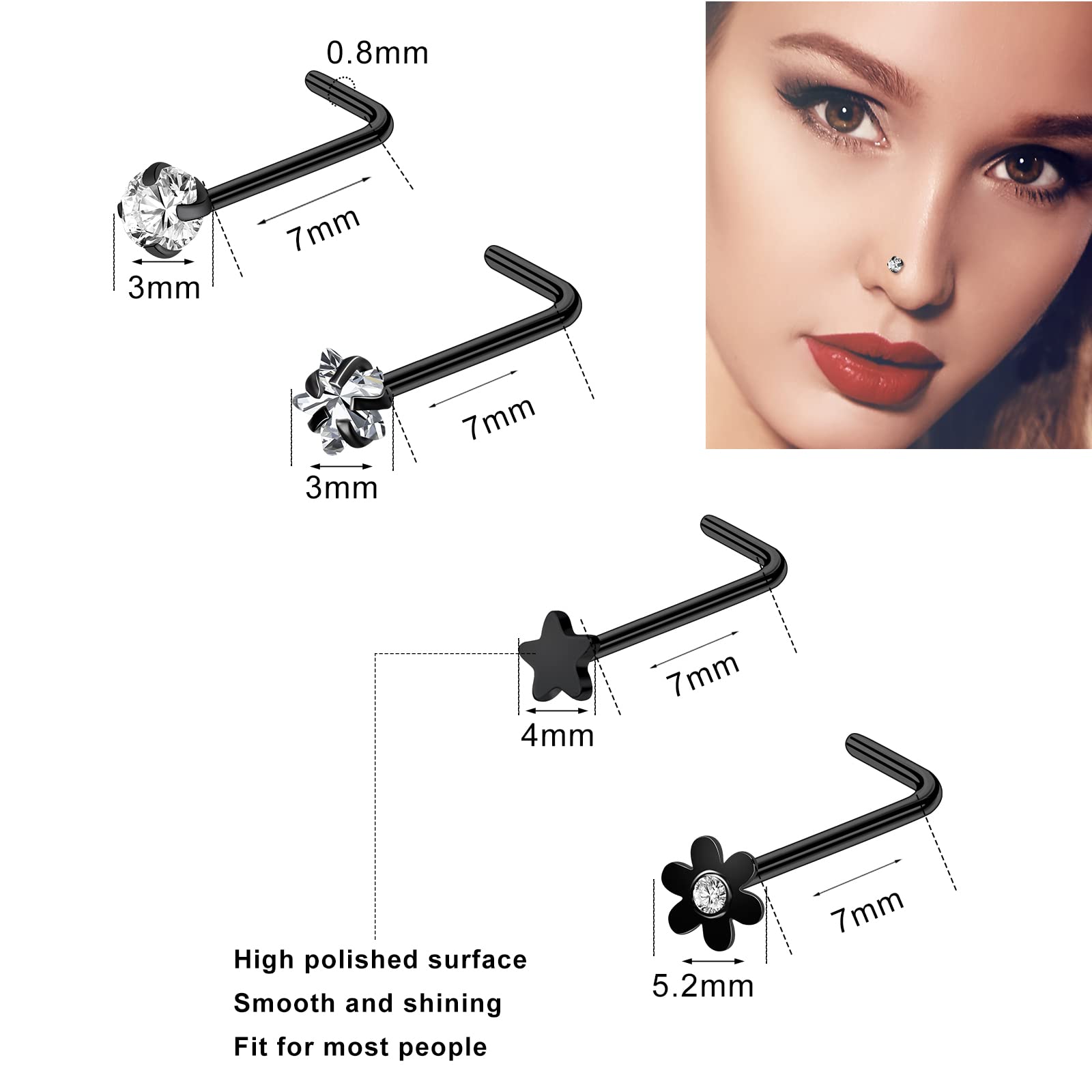 ONESING 29 Pcs Black Nose Rings for Women & Men - L Shape, Studs, Hoop Stainless Steel Nose Jewelry Set | Perfect for Piercing, Gifts & Everyday Wear