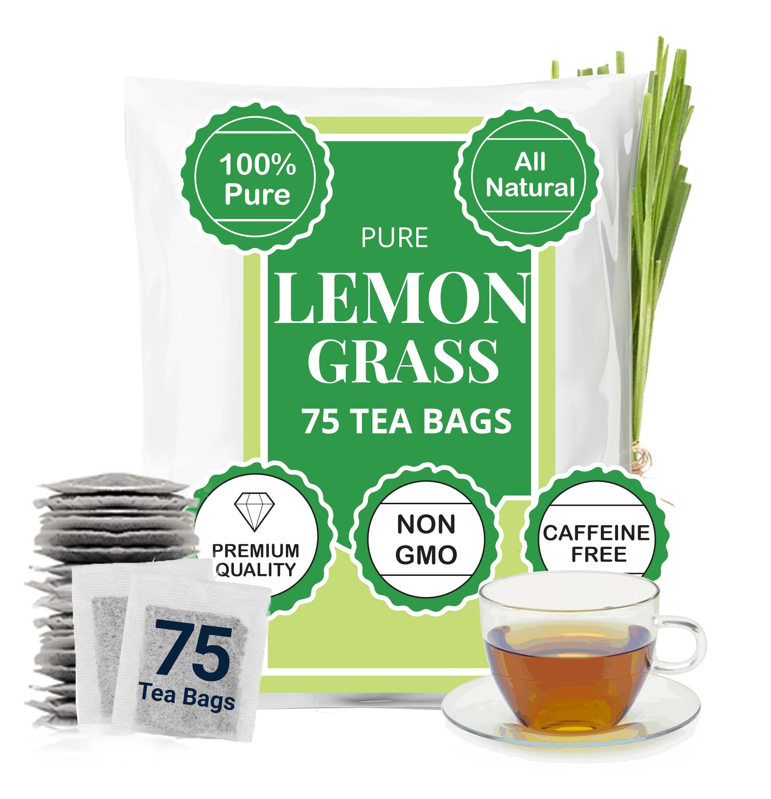 Organic Lemongrass Tea Bags - 75 Count, Natural Herbal Tea, Sugar Free, Non-GMO, Caffeine Free, Te De Limon - Perfect for Relaxation, Detox & After-Meal Digestion