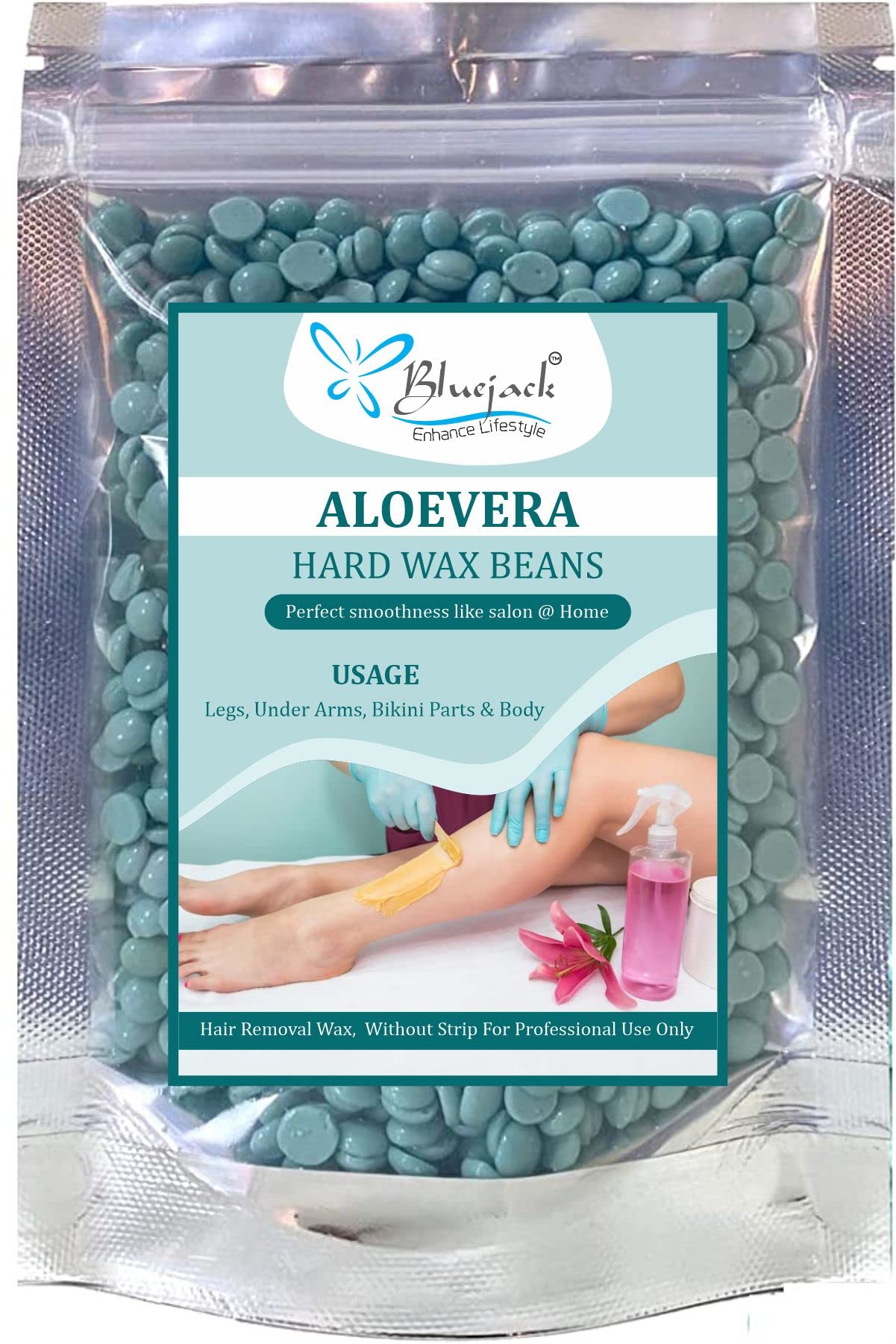 Bluejack Hard Wax Beans for Painless Hair Removal - 100g Bag with 3 Wax Spatulas (Aloe Vera Green) | Brazilian Waxing for Face, Eyebrows, Back, Chest, Bikini & Legs | At-Home Hair Removal Kit for Smooth Skin