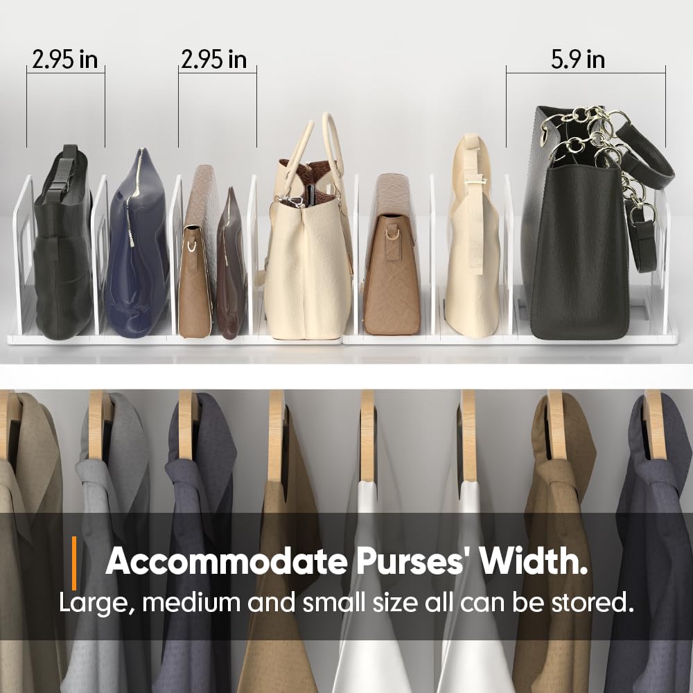 Adjustable Purse Organizer for Closet Shelf - 10 Divider Handbag Storage Organizer with Shelf Dividers - White | Perfect for Closet Organization & Purse Display