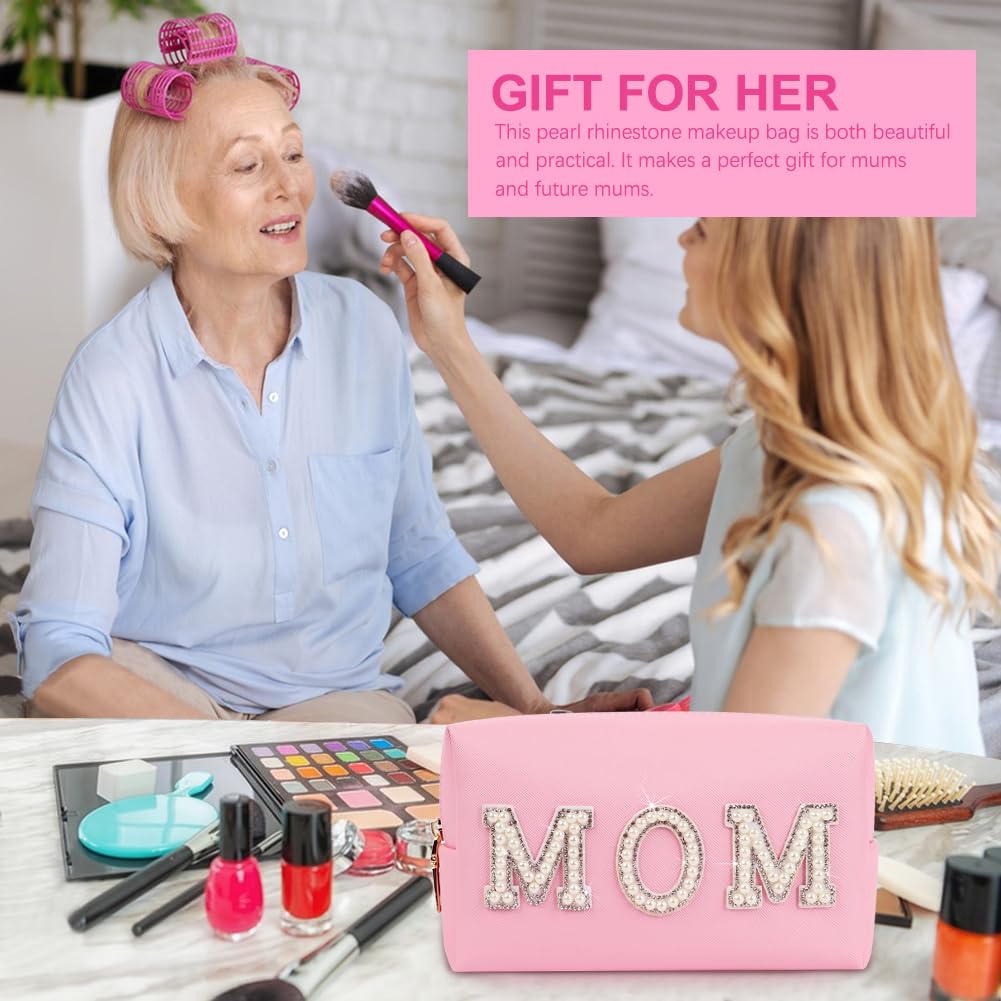 Stylish Preppy Makeup Bag for Women - Cute Mama Cosmetic Pouch with 'Mom' Lettering - Perfect for Momlife, Hospital Essentials, Shopping & Beach Travel - Great Gift for Mothers