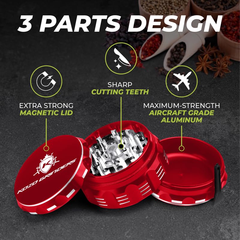 2.5 Inch Aluminum Herb Grinder - 4 Piece Spice Mill with Sharp Teeth for Efficient Grinding - Perfect for Herbs, Spices, and Tobacco - Portable & Durable (Red) - Ideal for Home Use, Travel, and Outdoor Activities