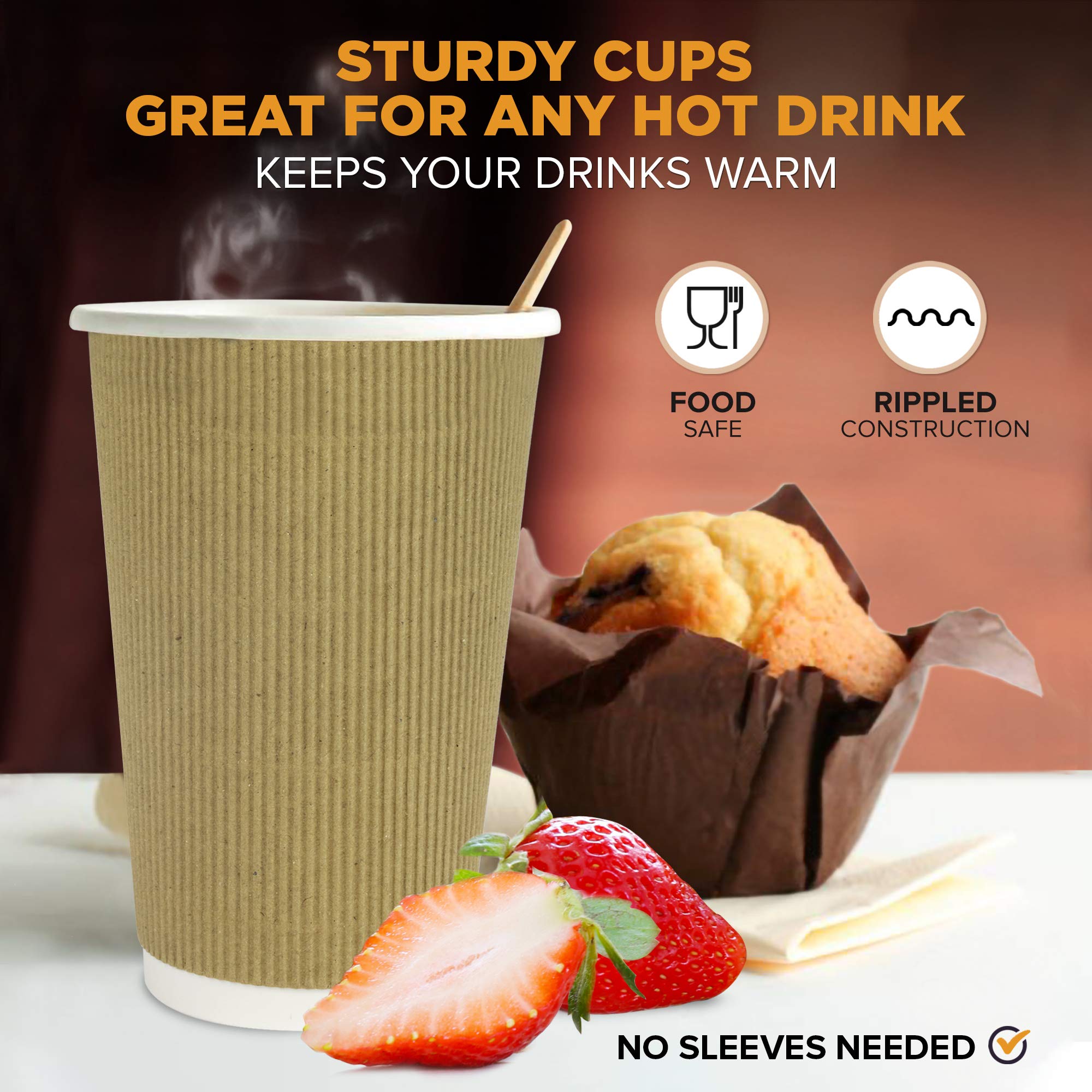 500 Pack 12 oz Brown Disposable Coffee Cups - Triple Wall Insulated Hot Beverage Cups for Coffee, Hot Chocolate & Tea | Corrugated Travel Cups for Home, Office & On-the-Go Use (Lids Not Included)