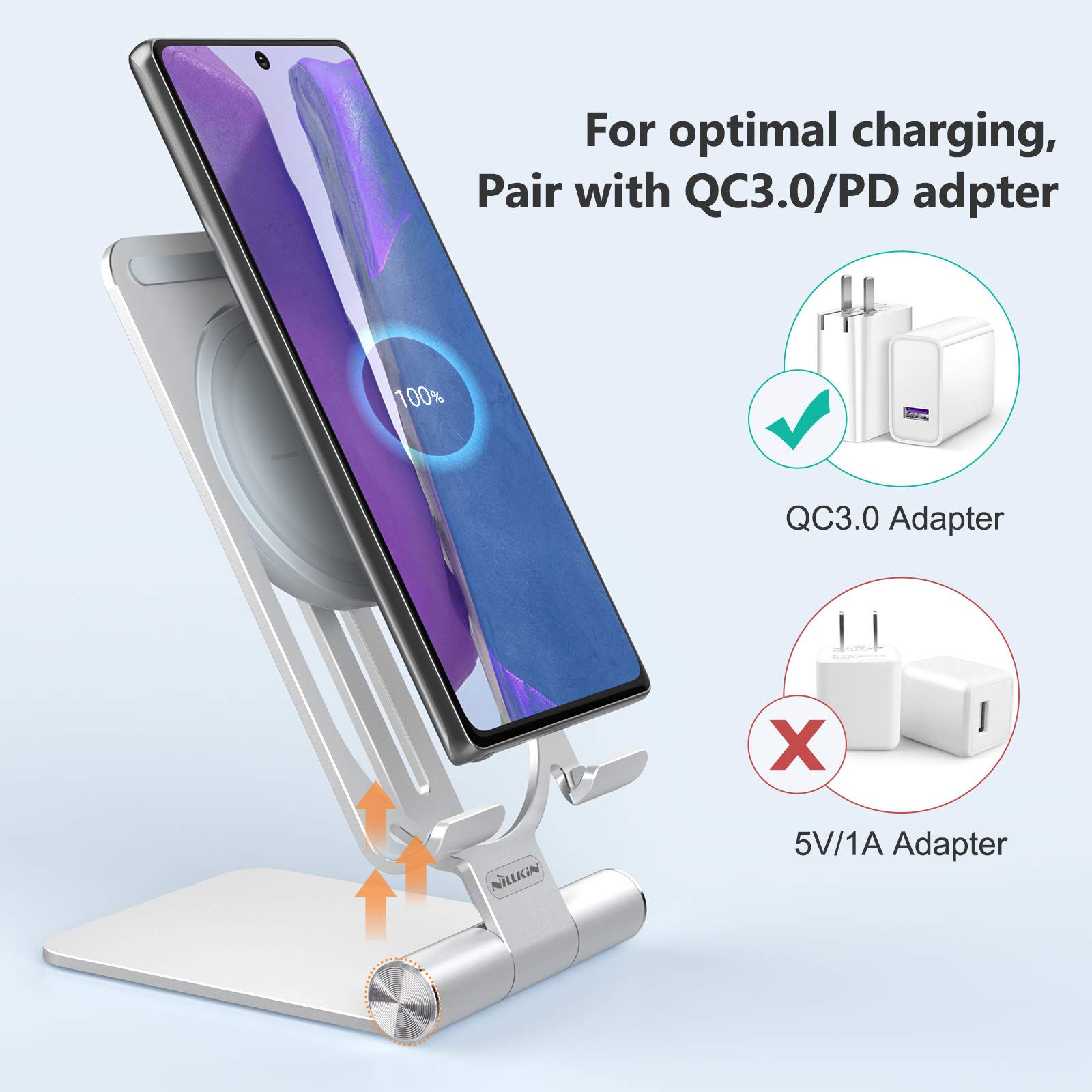 Nillkin Fast 15W Wireless Charger Stand - Adjustable & Foldable Metal Phone Holder for iPhone 15/14/13/12 Pro Max, Samsung Galaxy S24/S23/S22/S21 Ultra, Qi-Certified Charging Pad for Bedroom, Office & Travel