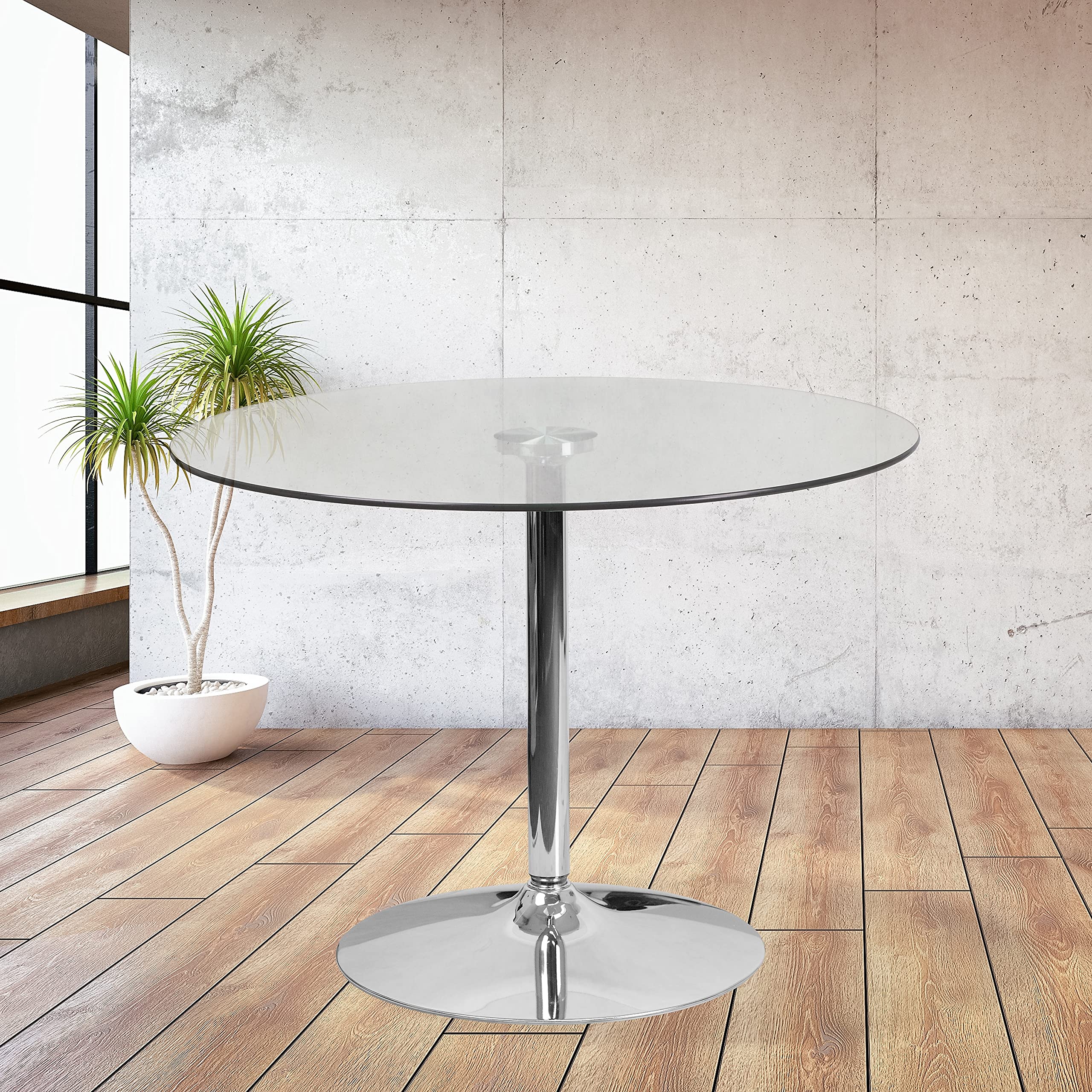Flash Furniture Hills 39.25'' Round Glass Dining Table with Chrome Base - 29'' Height Tempered Glass Cocktail Table in Clear/Silver - Perfect for Dining Rooms, Kitchens, and Modern Home Decor