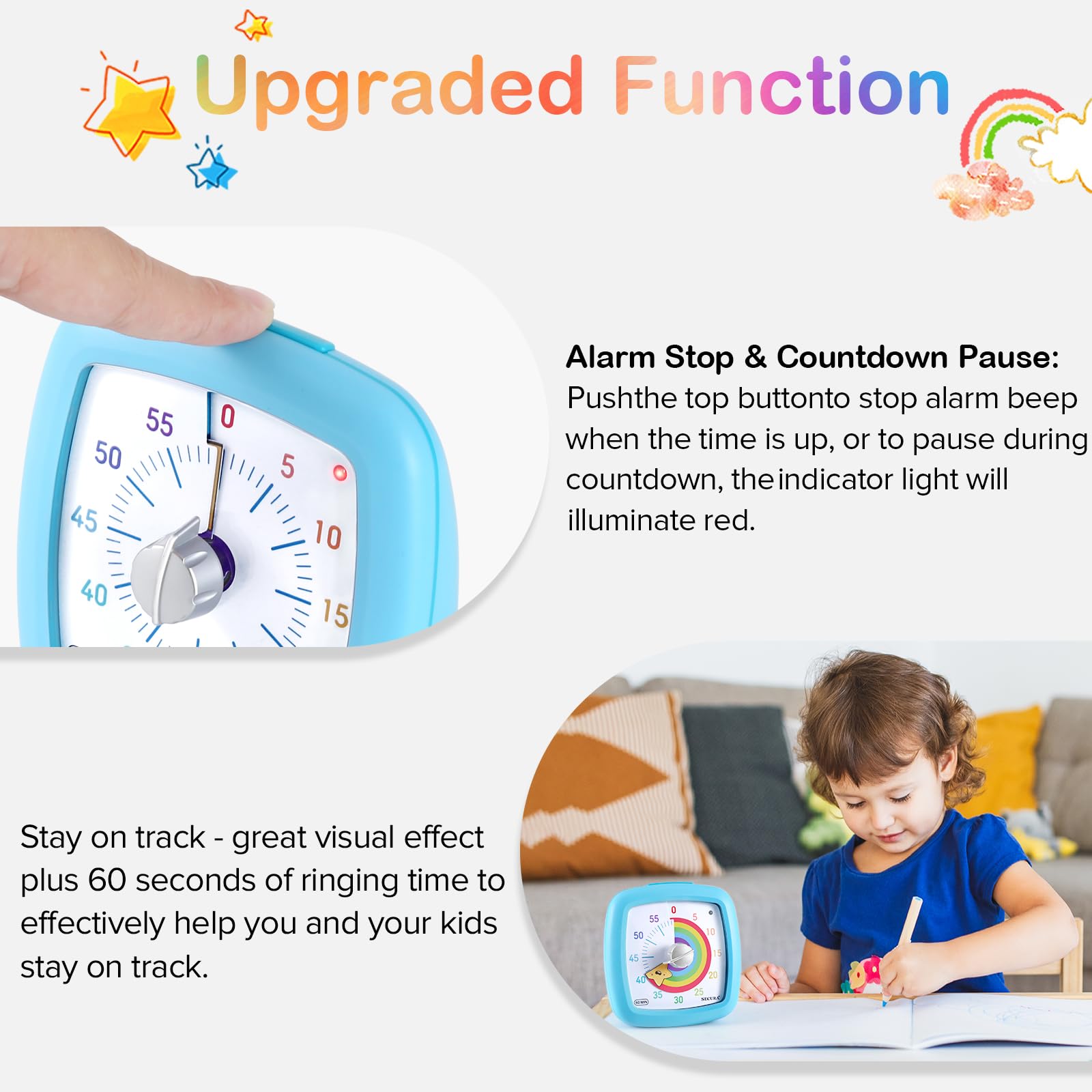 Secura 60-Minute Visual Timer - Silent Countdown Clock for Kids & Adults | Time Management Tool for Studying, Teaching & Productivity (Blue & Star Design) | Perfect for Classrooms, Home Office & ADHD Focus Aid