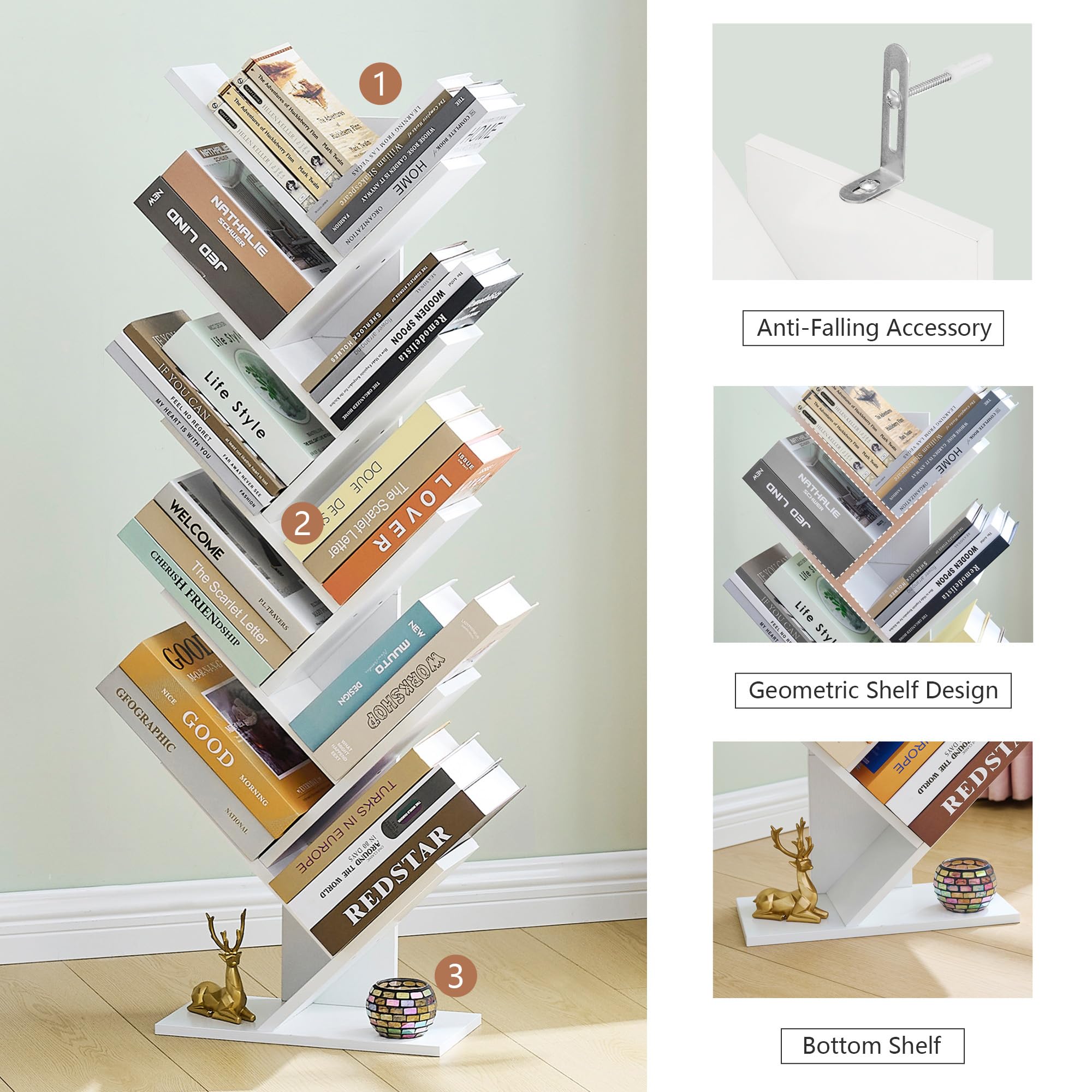Hoctieon 10-Tier Tree Bookshelf - White Free Standing Bookcase with 10 Shelves, Floor Standing Book Organizer for Living Room, Bedroom & Office - Perfect for Books, Plants & Decorative Display