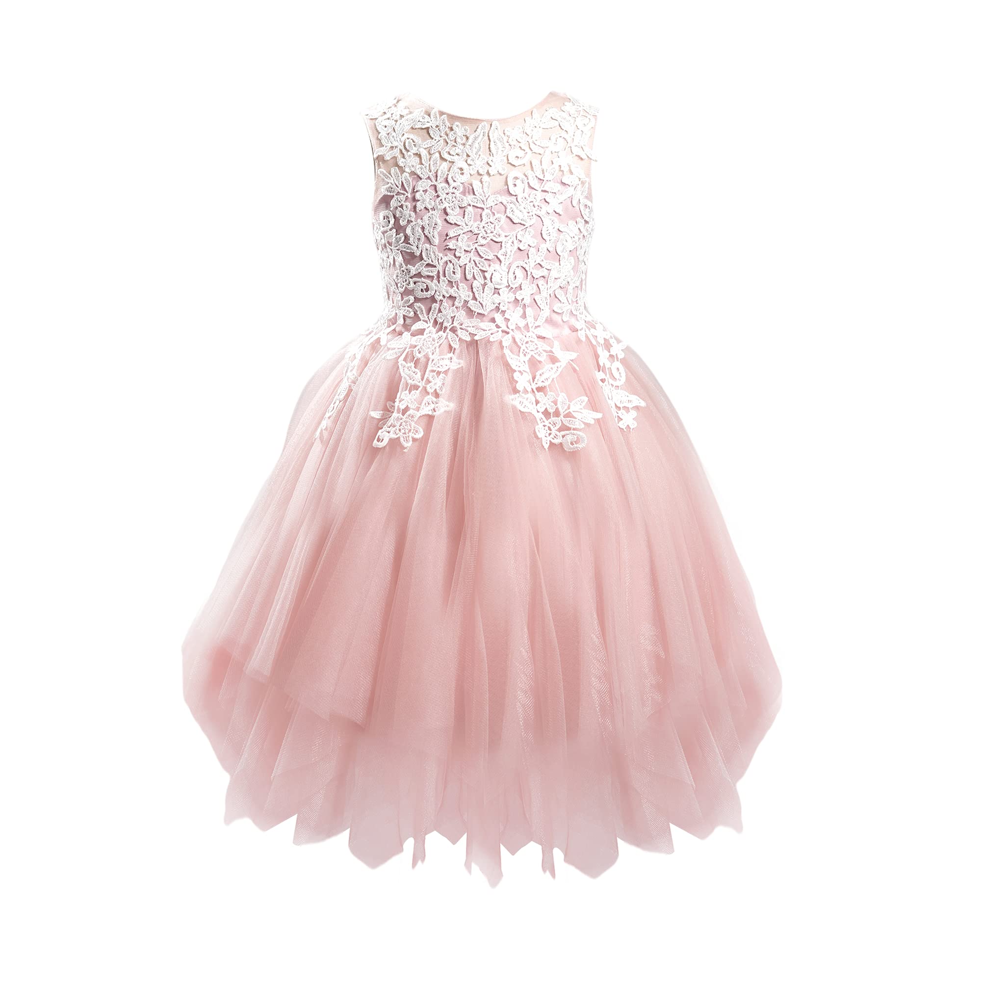 Ivory & Pink Sheer Lace Back Flower Girl Dress - Tulle Wedding Party Dress for Kids | Perfect for Bridal Showers, First Communion & Special Occasions