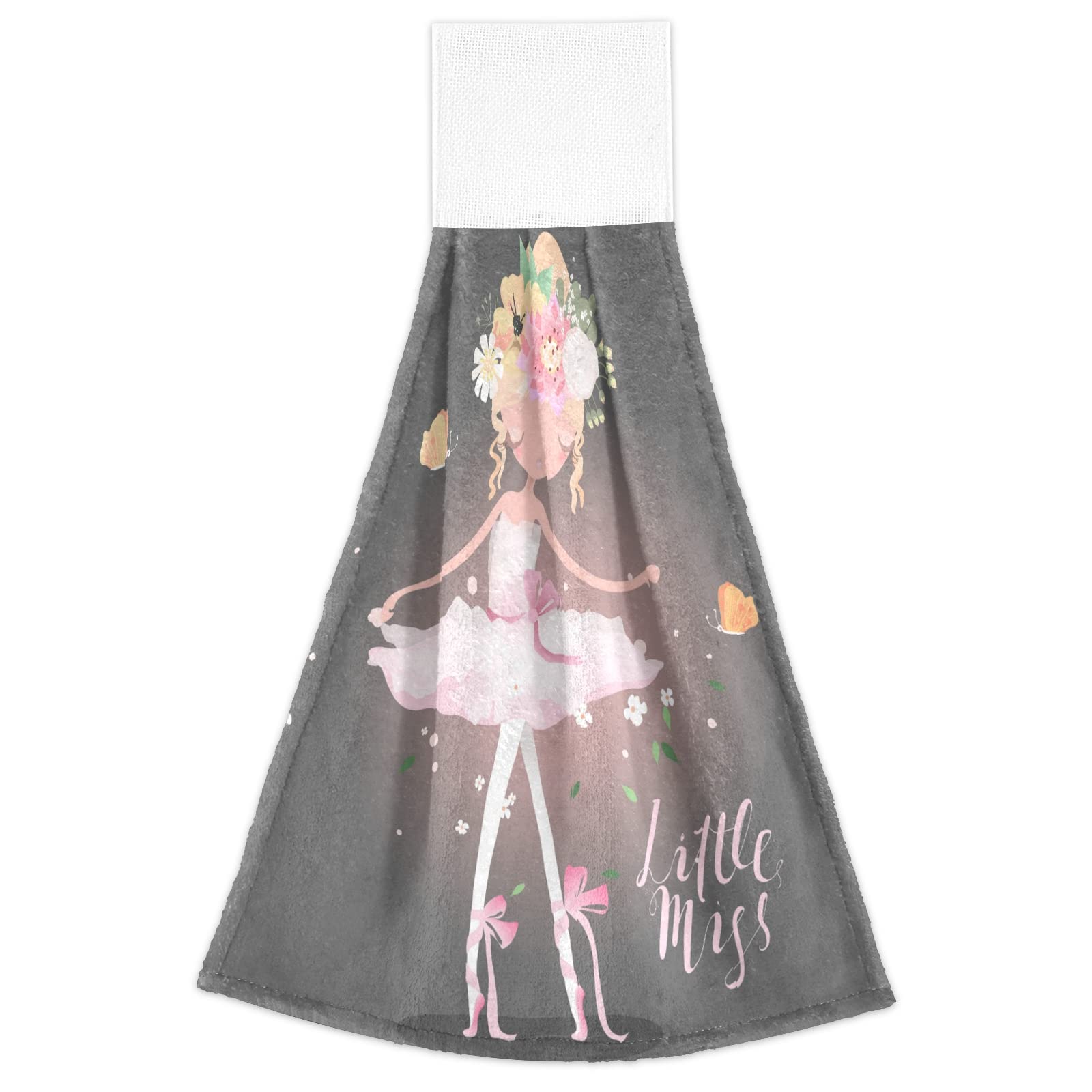 2-Pack Ballet Girl Hand Towels with Flowers, Butterflies & Sparkles - Soft, Fast-Drying Kitchen & Bath Towels with Hook & Loop for Hanging - Perfect for Dishes, Face Cleaning & Home Decor