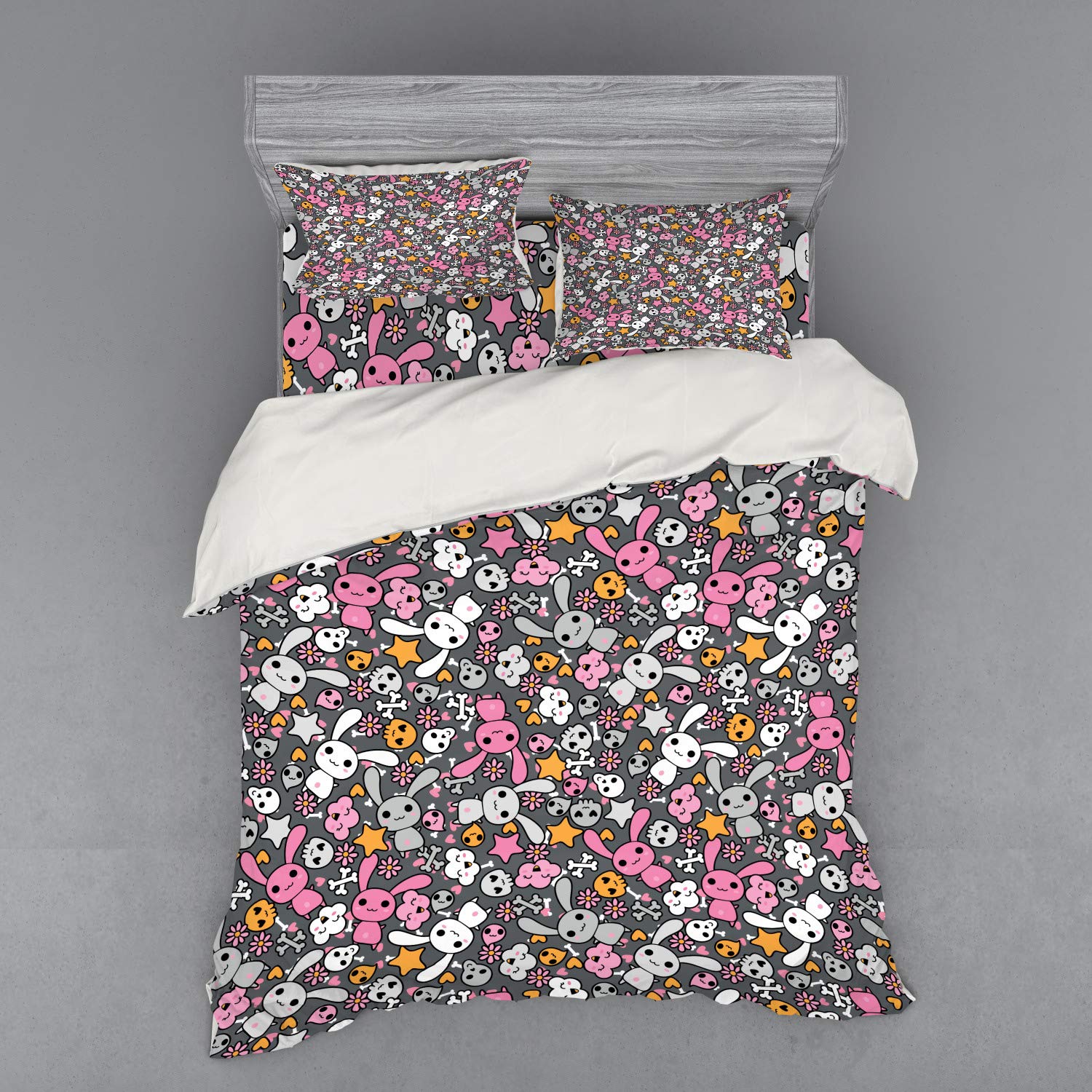 Ambesonne Cartoon Bedding Set - Kawaii Bunnies & Clouds with Heart-Eyed Skulls Anime Design, 3-Piece Duvet Cover Set with Pillow Sham & Fitted Sheet, Queen Size, Multicolor - Perfect for Anime Lovers' Bedroom Decor & Themed Gift Ideas