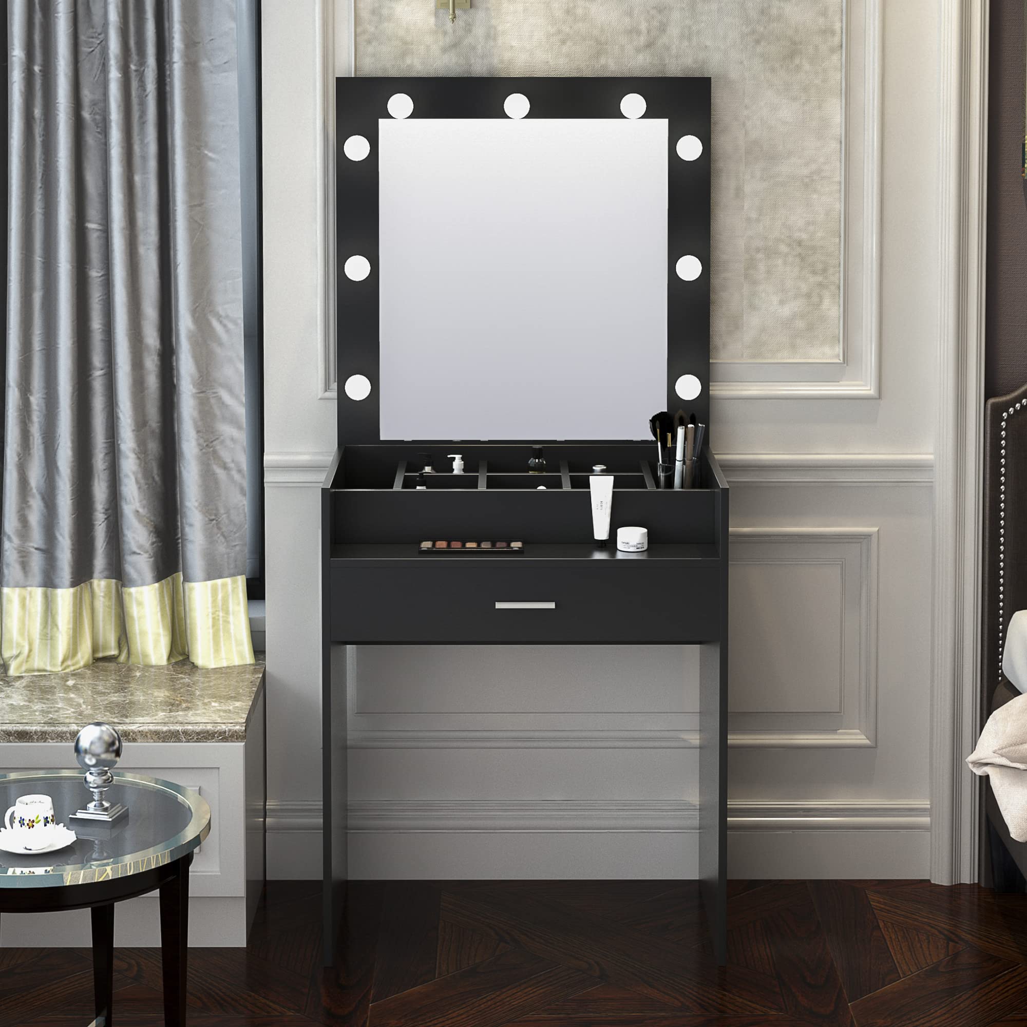 **Goujxcy Modern LED Lighted Makeup Vanity Set with Drawers & Lighted Mirror - Black Dresser for Bedroom, Perfect for Makeup, Skincare & Dressing Table Organization**